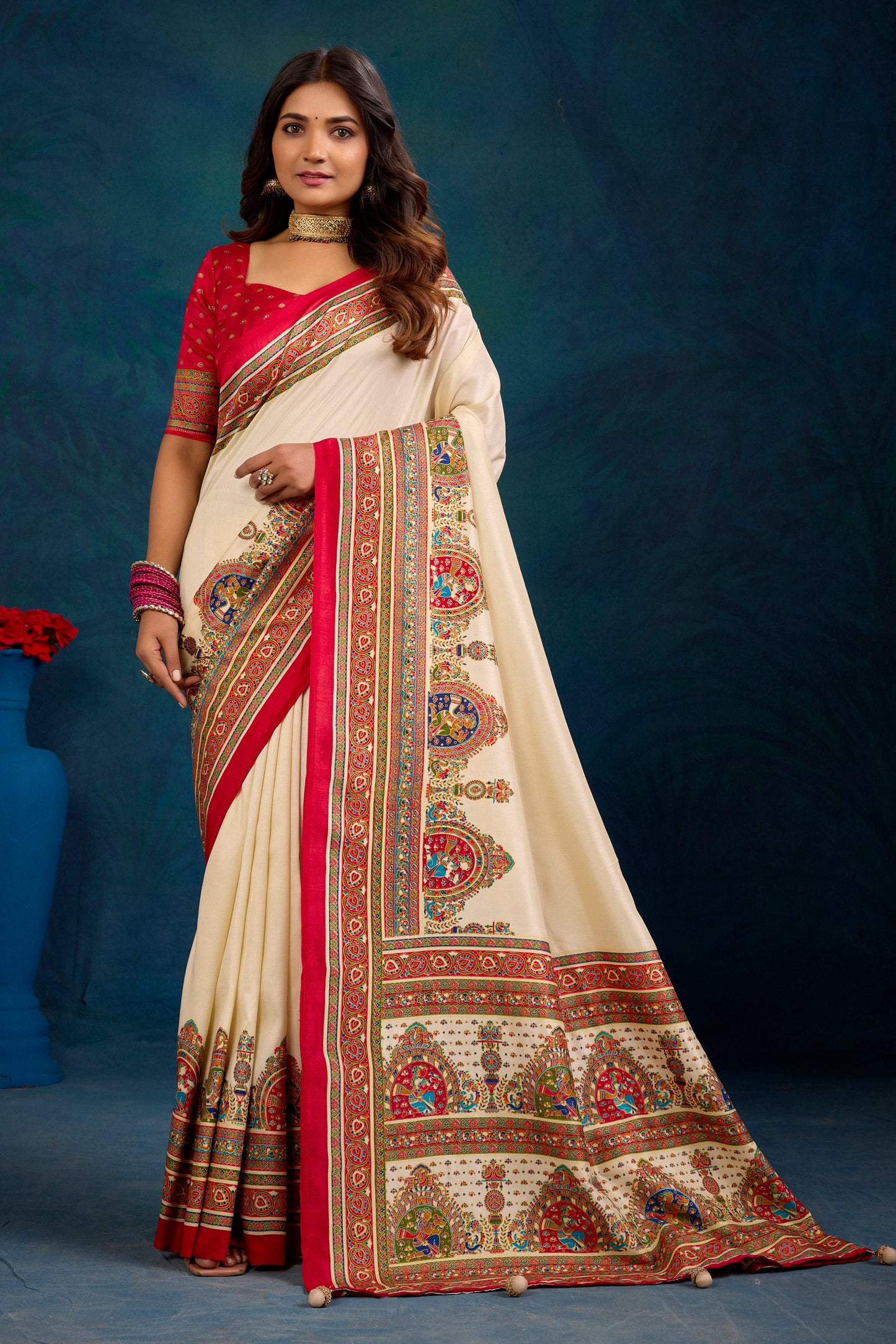 Kumuda - Cream Mysore Silk Jari Printed Saree with Tessals