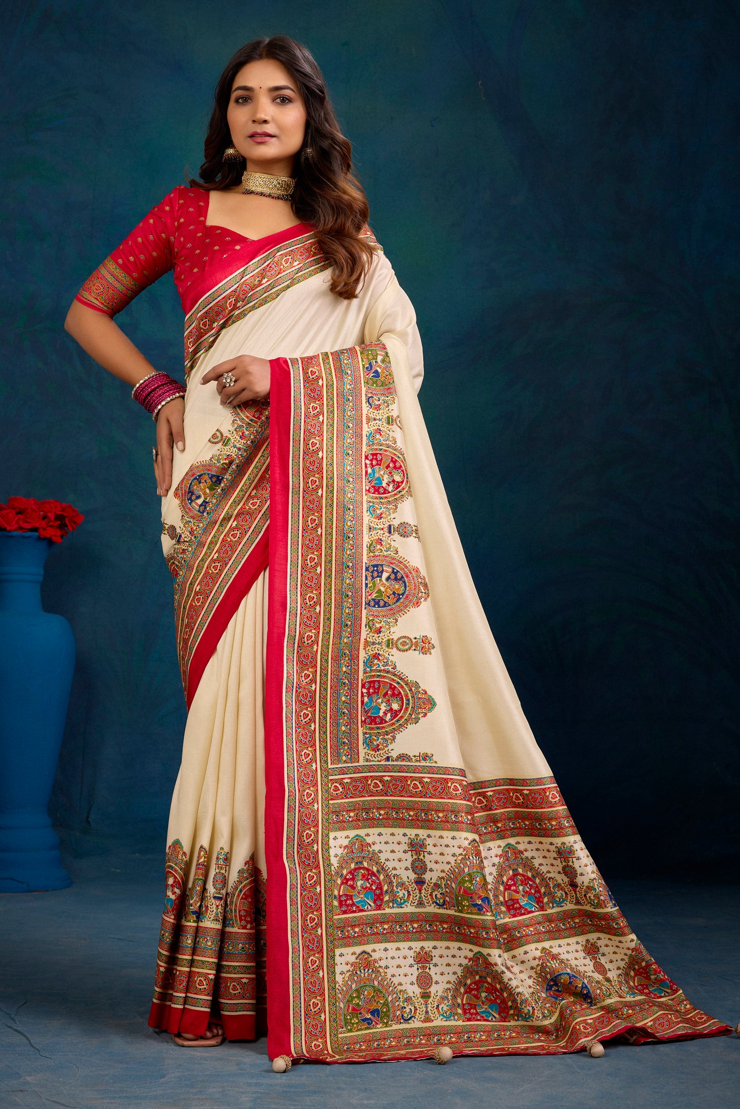 Kumuda - Cream Mysore Silk Jari Printed Saree with Tessals