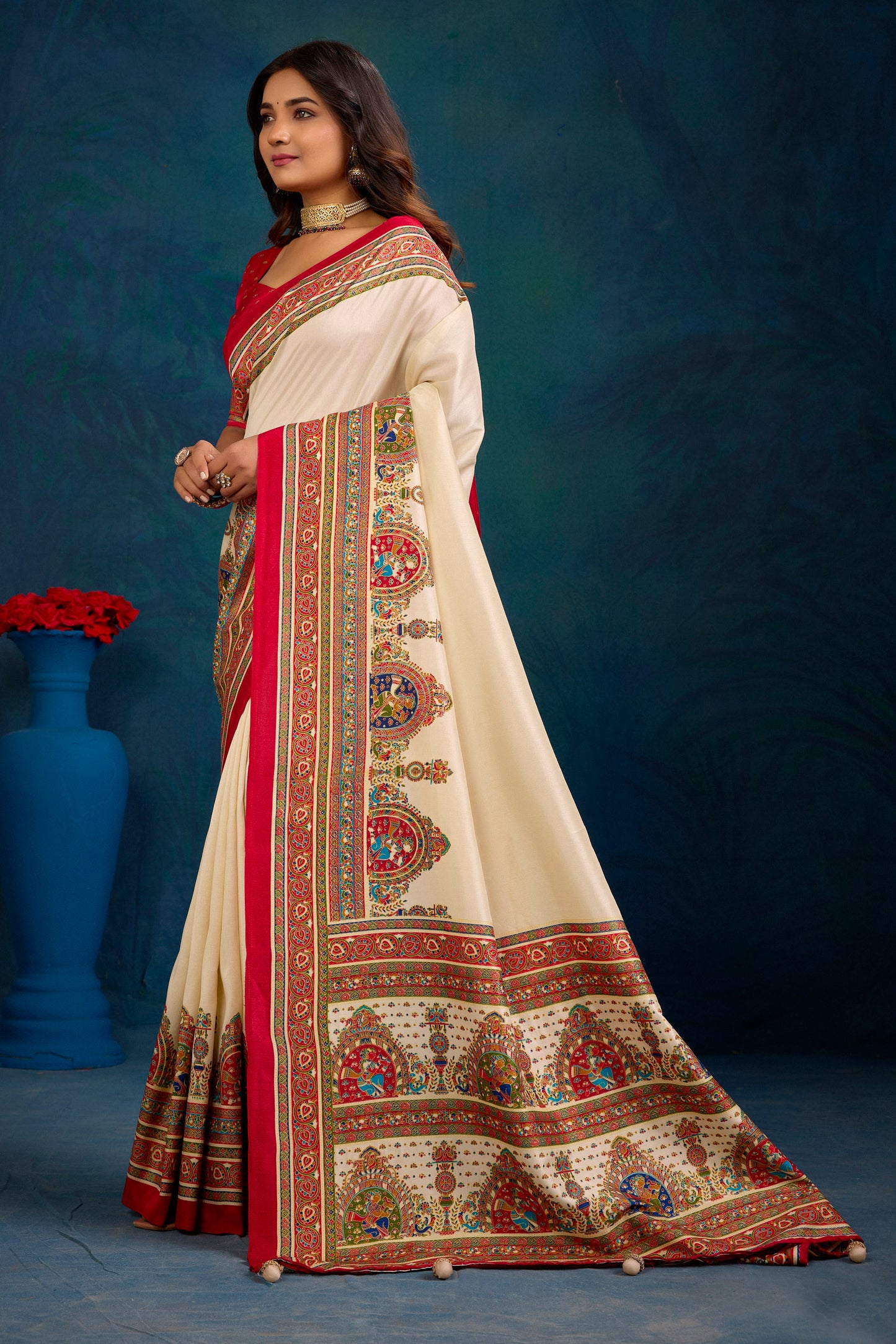 Kumuda - Cream Mysore Silk Jari Printed Saree with Tessals