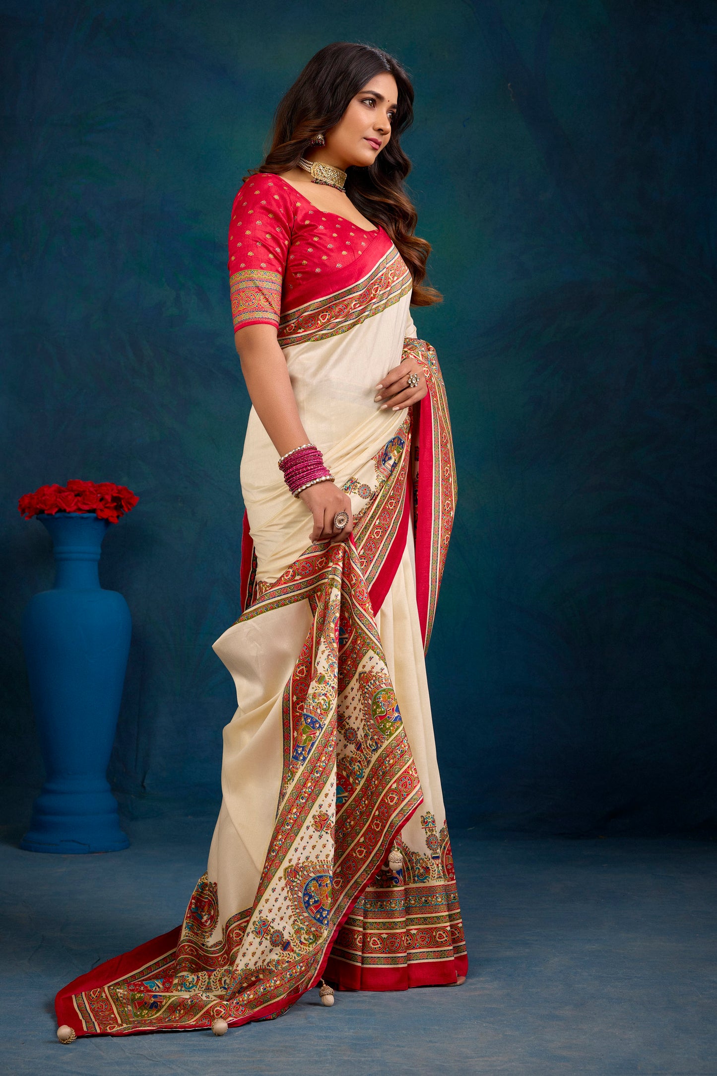 Kumuda - Cream Mysore Silk Jari Printed Saree with Tessals