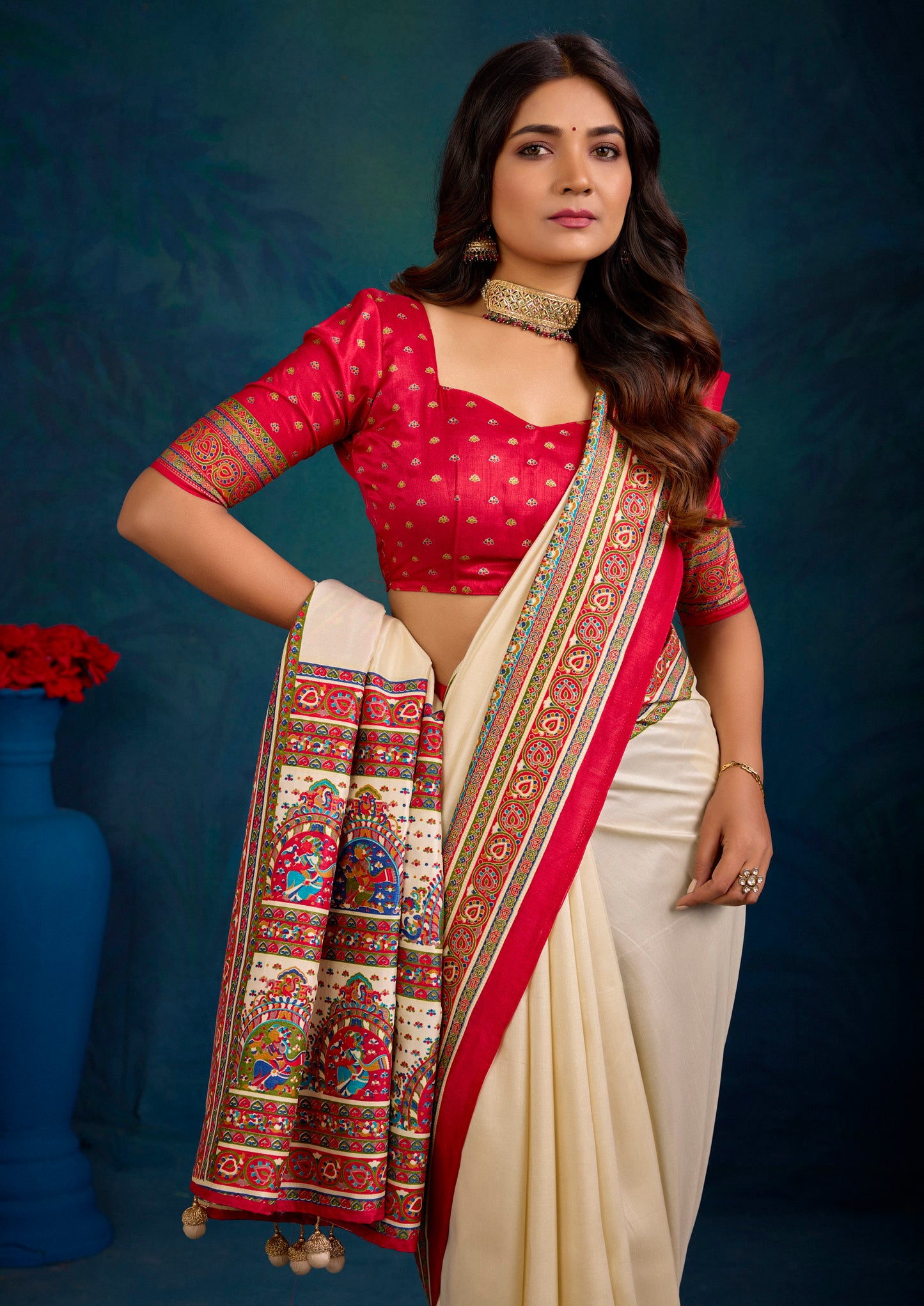 Kumuda - Cream Mysore Silk Jari Printed Saree with Tessals