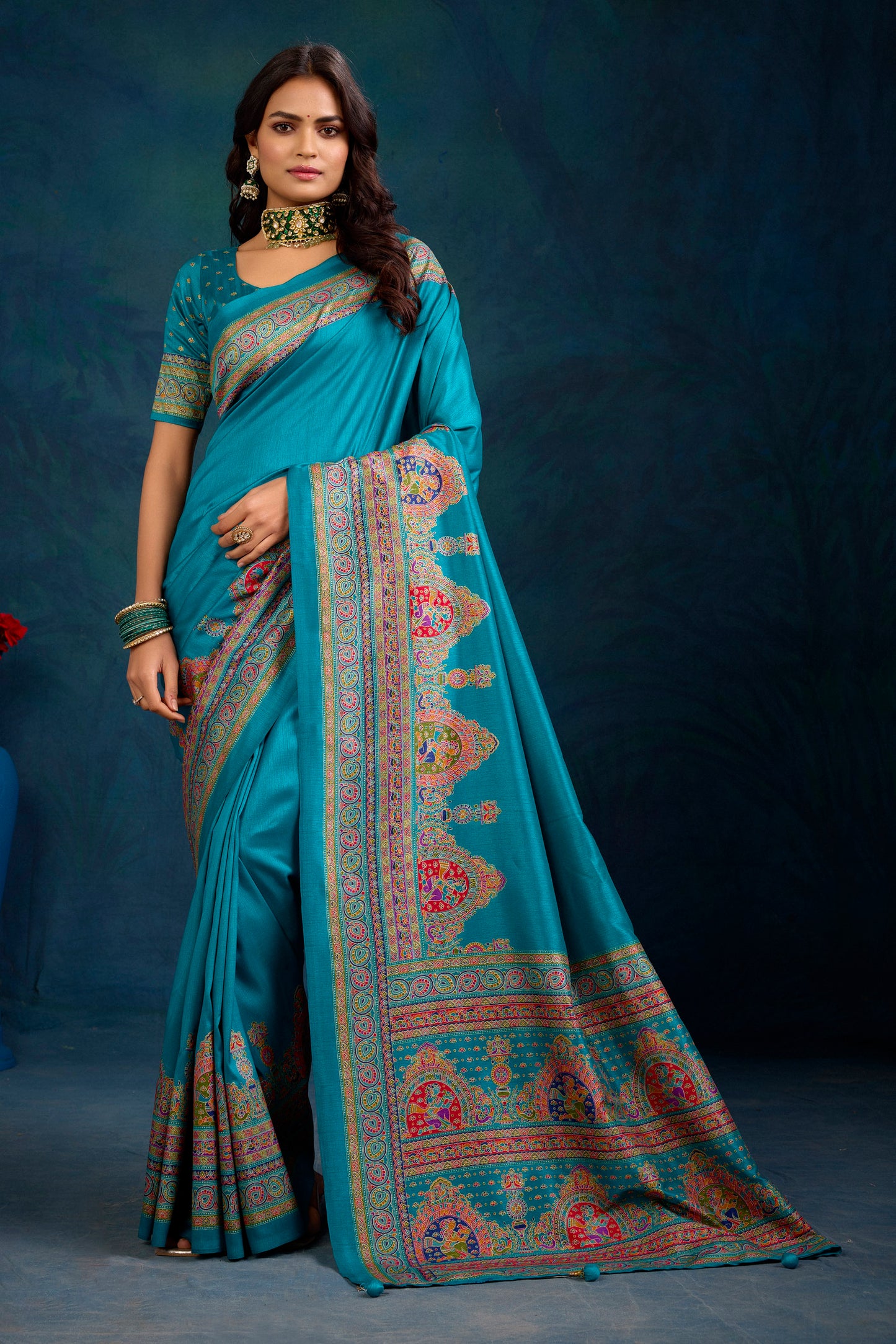 Kumuda - Firozi Mysore Silk Jari Printed Saree with Tessals