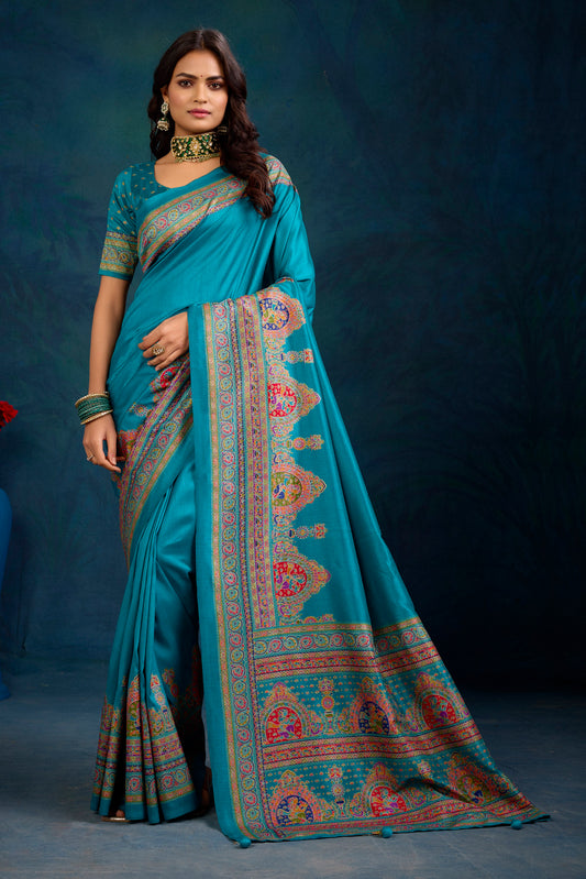 Kumuda - Firozi Mysore Silk Jari Printed Saree with Tessals