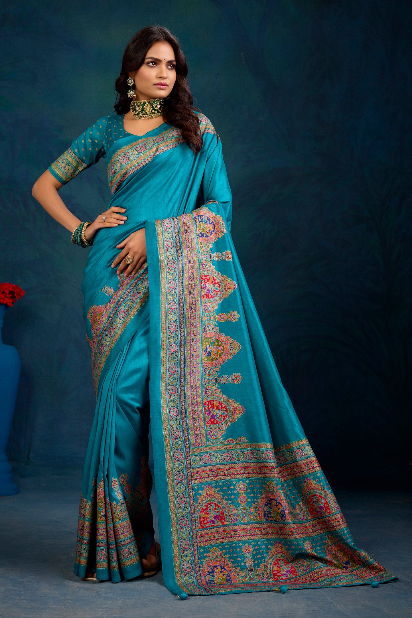 Kumuda - Firozi Mysore Silk Jari Printed Saree with Tessals