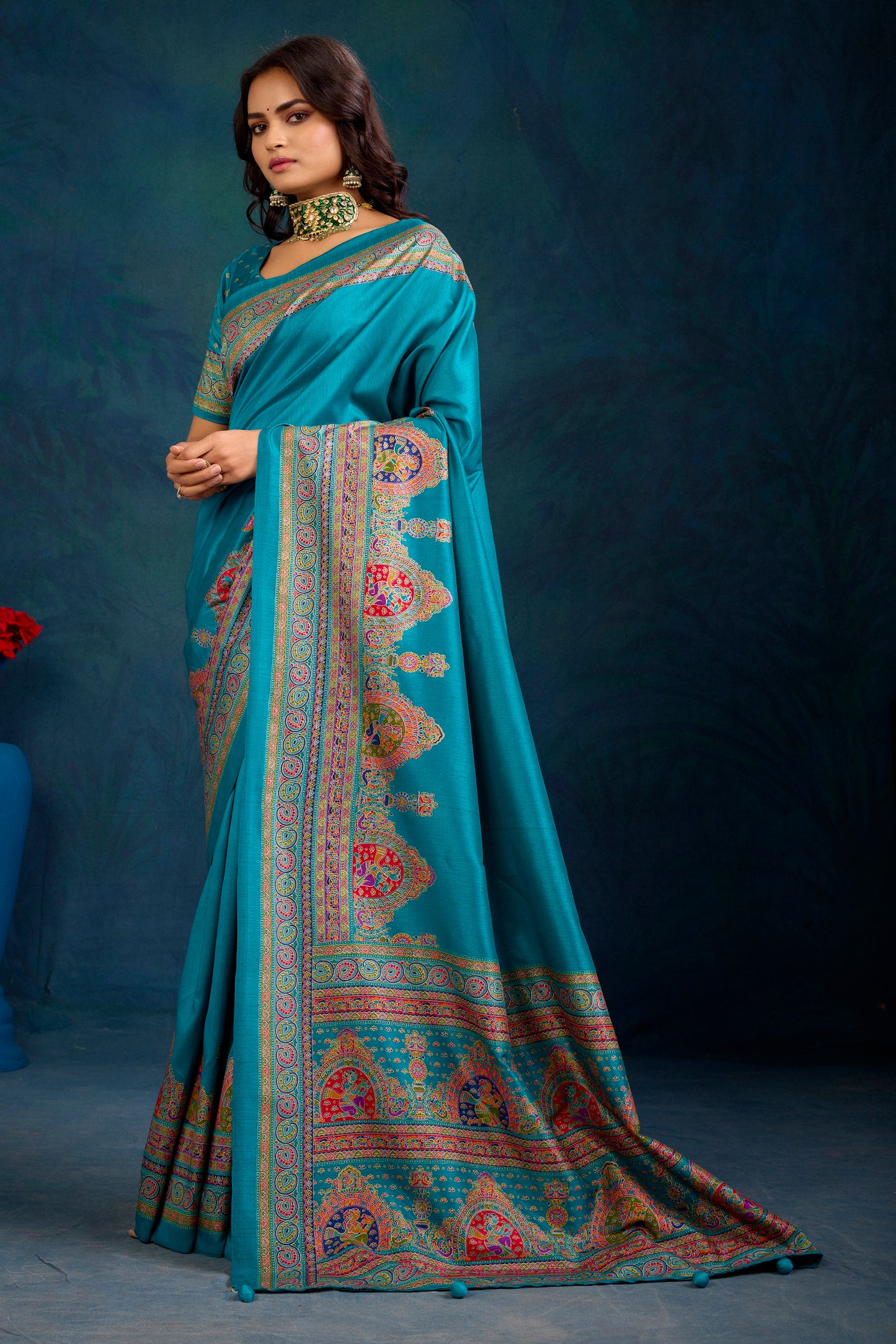 Kumuda - Firozi Mysore Silk Jari Printed Saree with Tessals