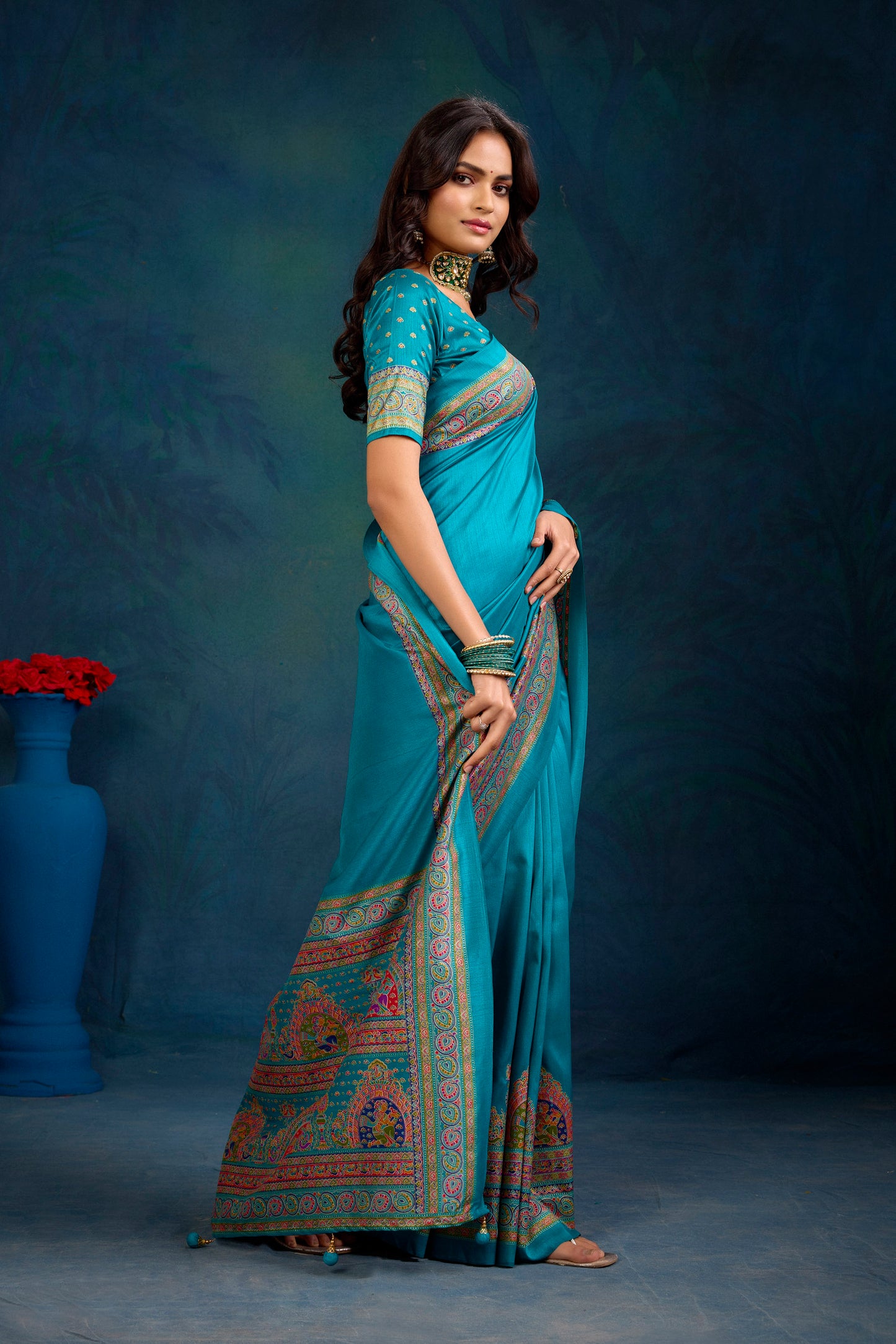 Kumuda - Firozi Mysore Silk Jari Printed Saree with Tessals