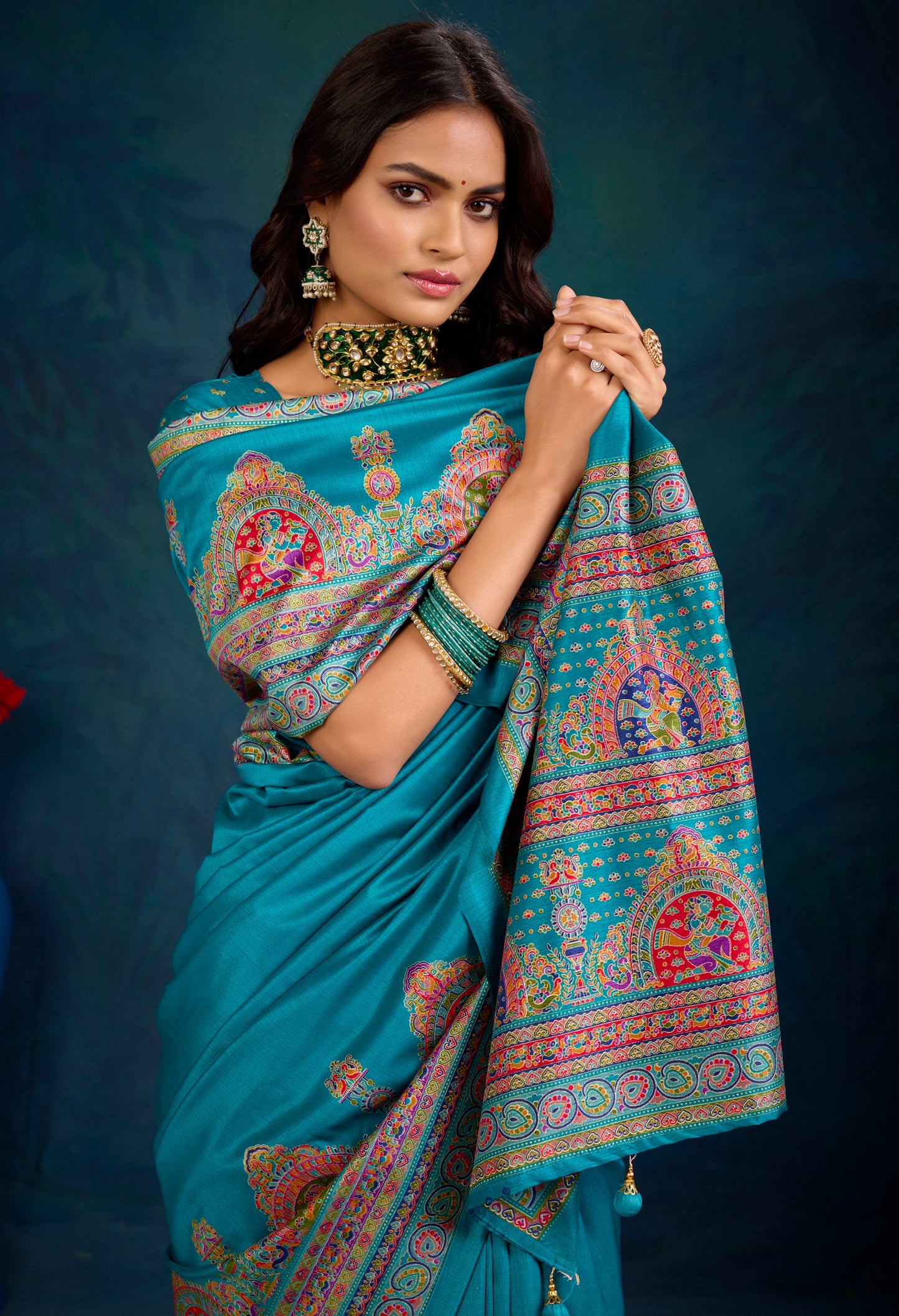 Kumuda - Firozi Mysore Silk Jari Printed Saree with Tessals