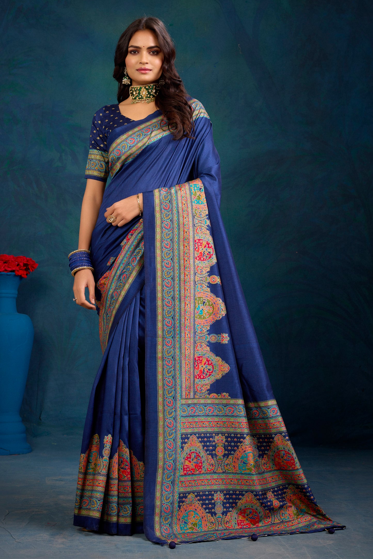 Kumuda - Blue Mysore Silk Jari Printed Saree with Tessals