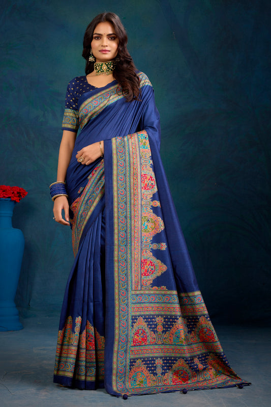 Kumuda - Blue Mysore Silk Jari Printed Saree with Tessals