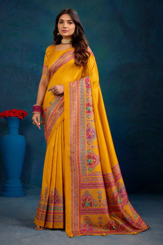 Kumuda - Mustard Yellow Mysore Silk Jari Printed Saree with Tessals