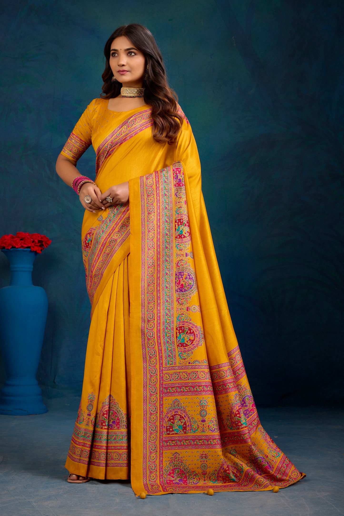 Kumuda - Mustard Yellow Mysore Silk Jari Printed Saree with Tessals