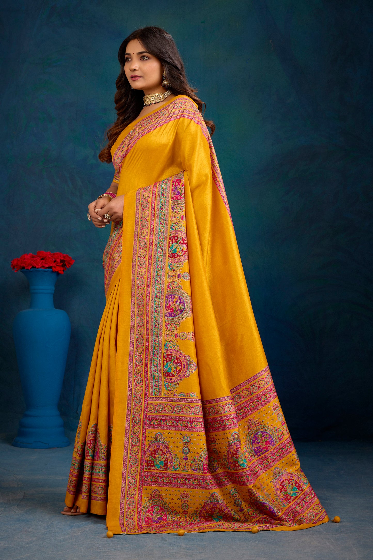 Kumuda - Mustard Yellow Mysore Silk Jari Printed Saree with Tessals