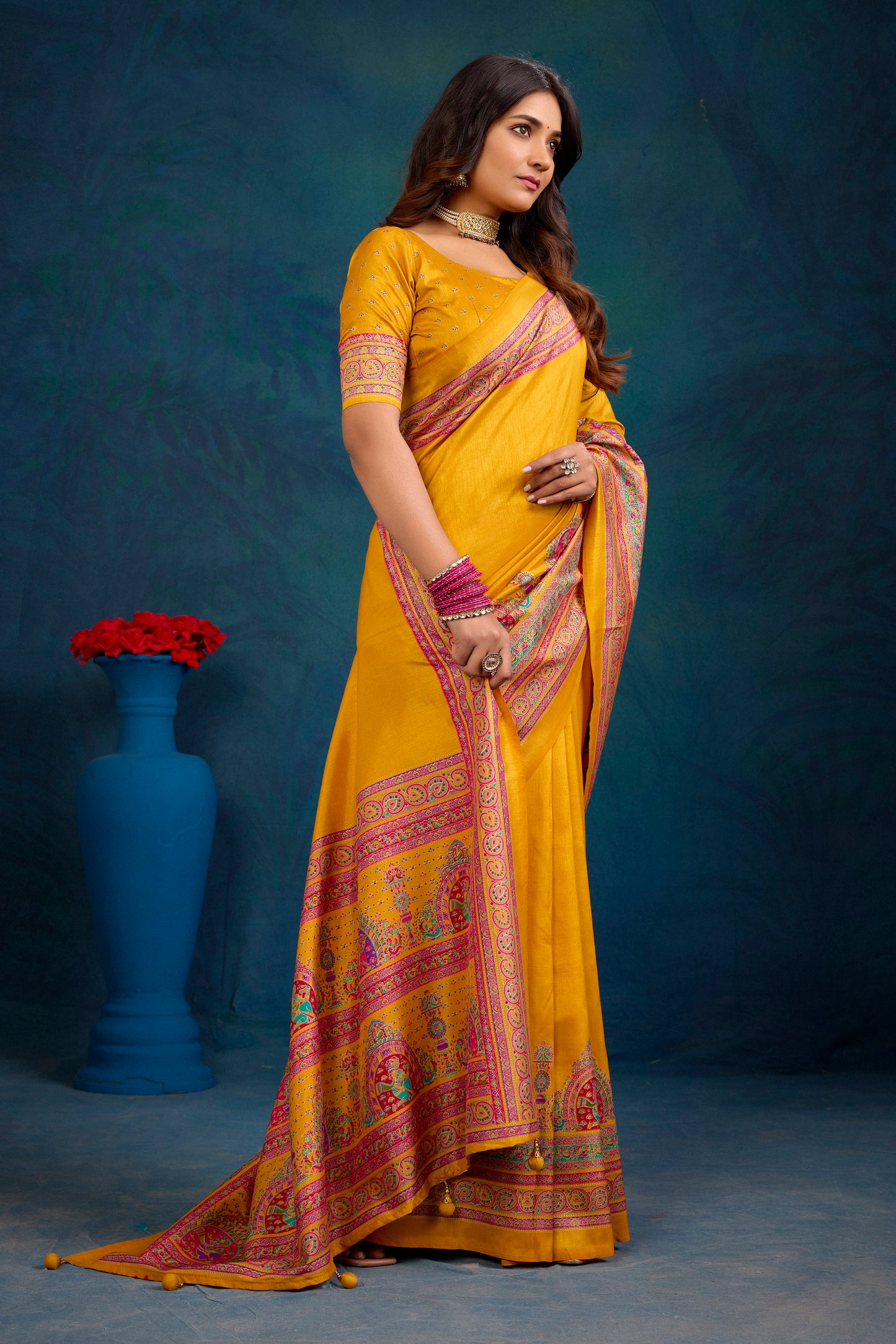 Kumuda - Mustard Yellow Mysore Silk Jari Printed Saree with Tessals