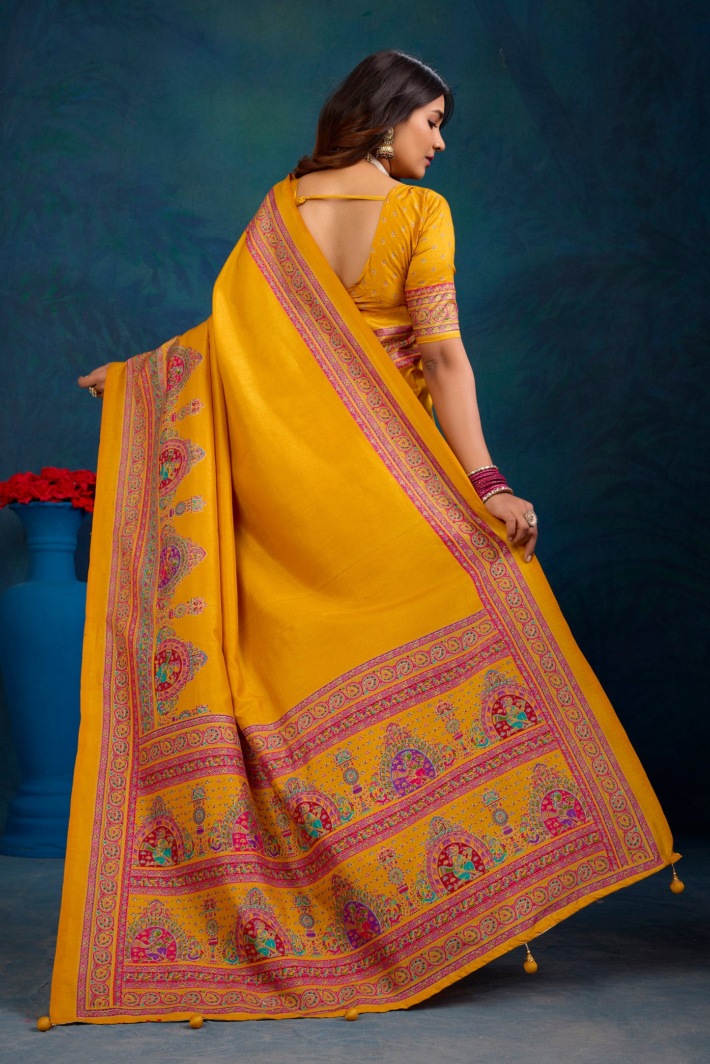 Kumuda - Mustard Yellow Mysore Silk Jari Printed Saree with Tessals