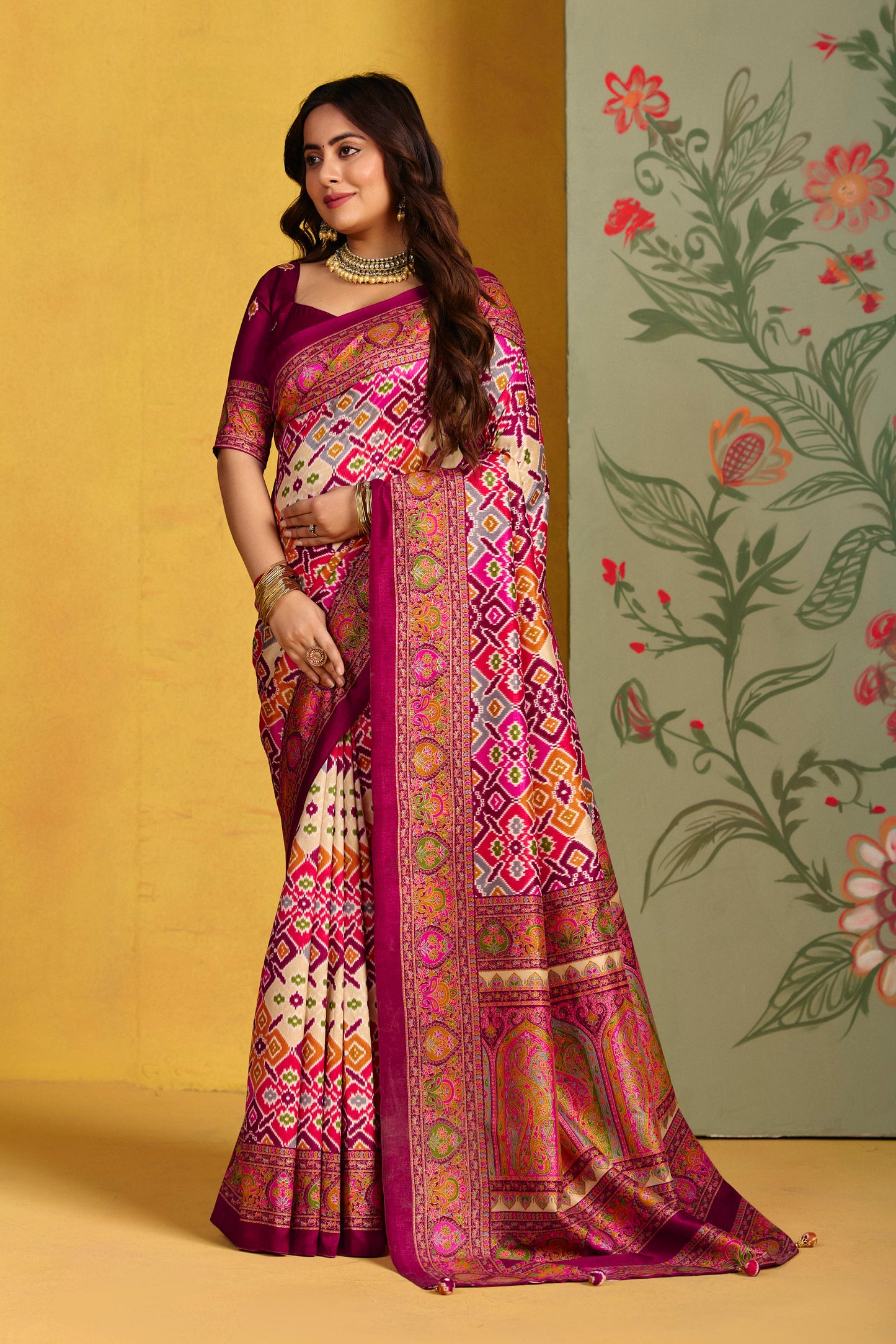 Kumuda - Purple Mysore Silk Jari Printed Saree with Tassels