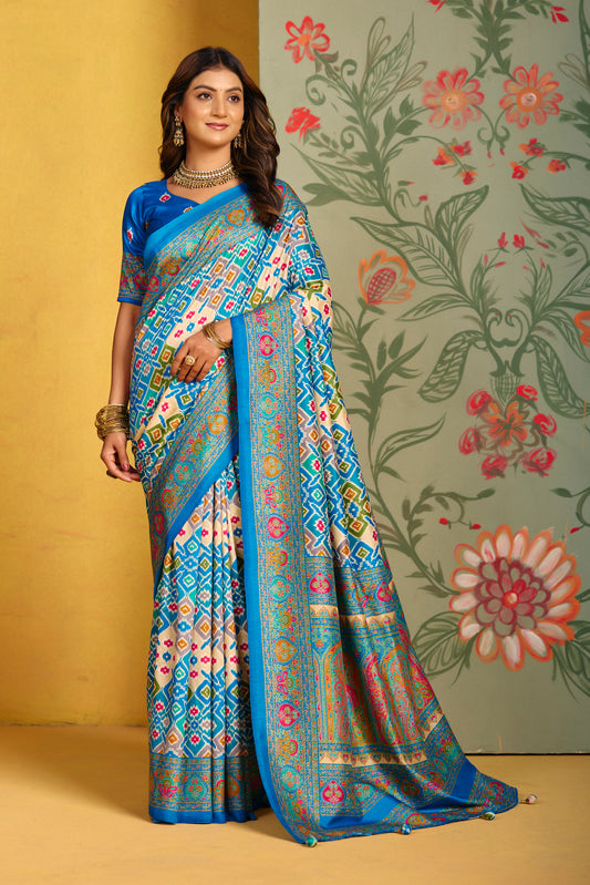 Kumuda - Aqua Blue Mysore Silk Jari Printed Saree with Tassels