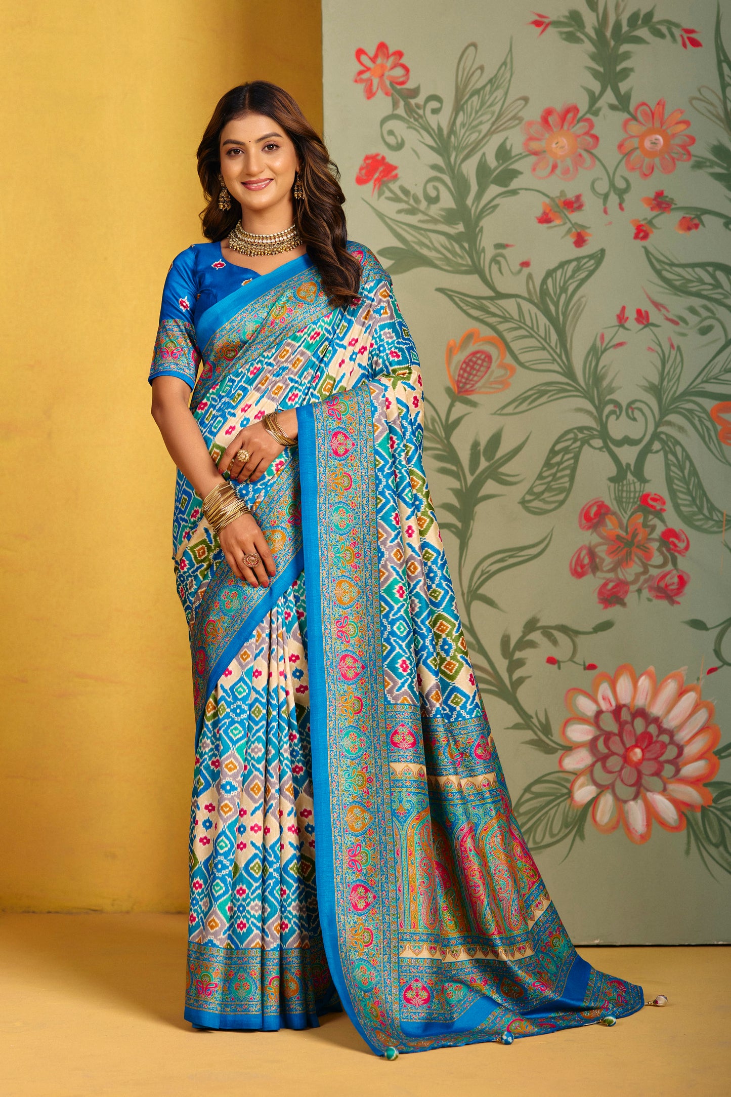 Kumuda - Aqua Blue Mysore Silk Jari Printed Saree with Tassels