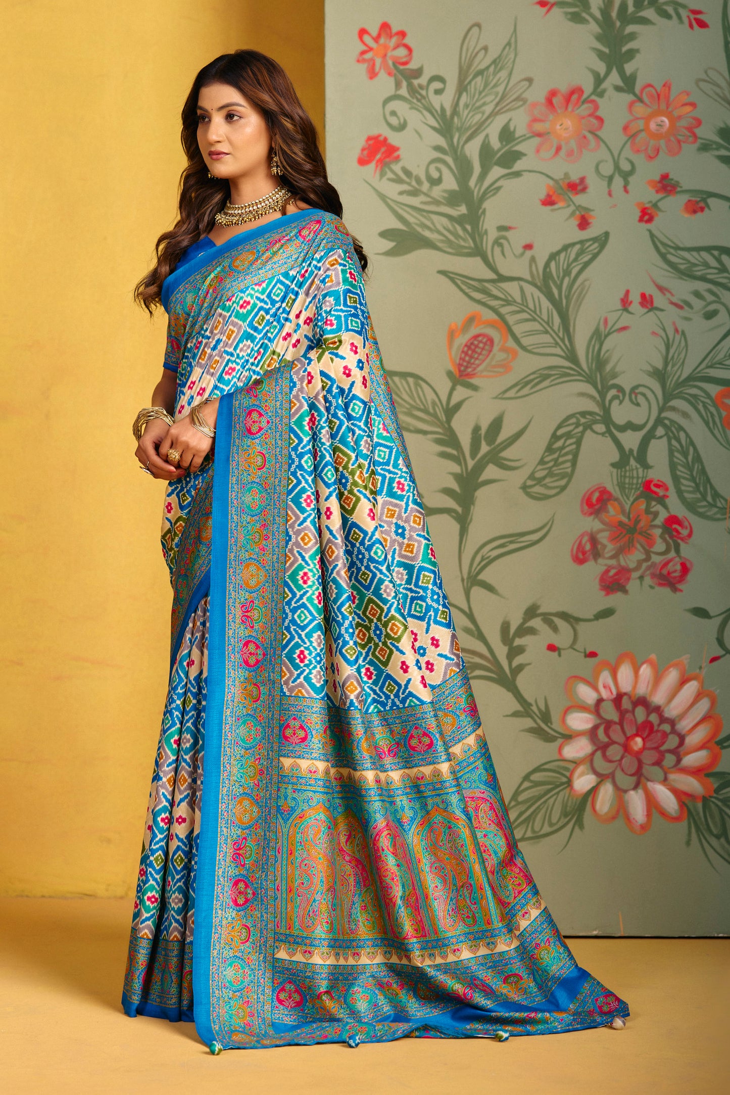 Kumuda - Aqua Blue Mysore Silk Jari Printed Saree with Tassels