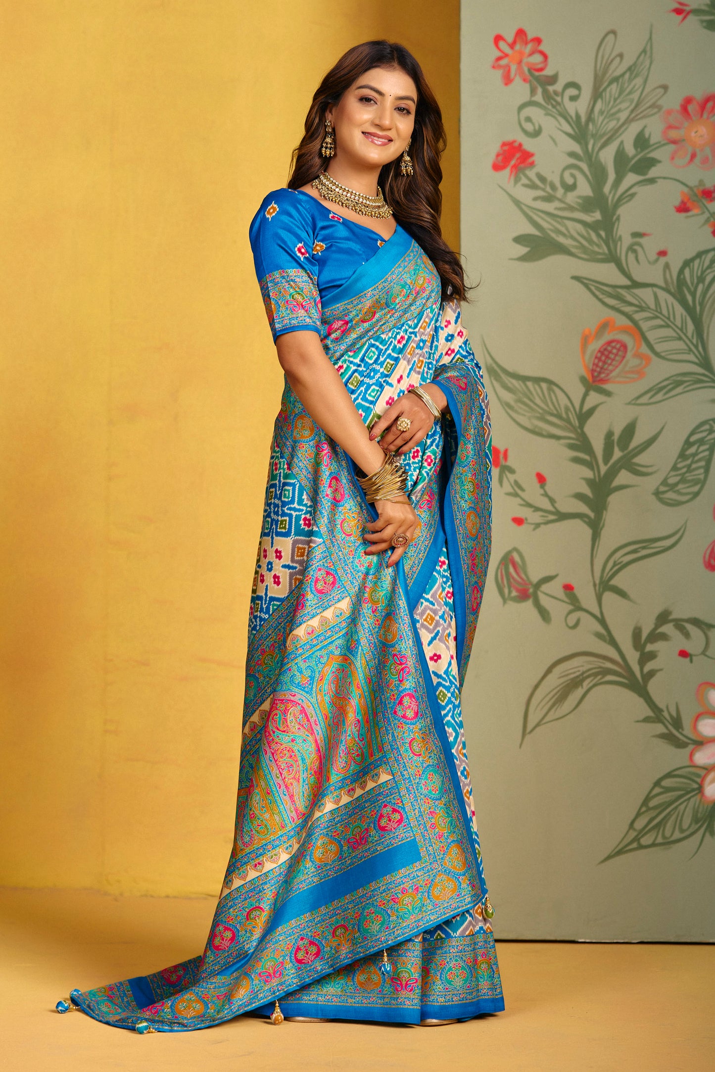 Kumuda - Aqua Blue Mysore Silk Jari Printed Saree with Tassels