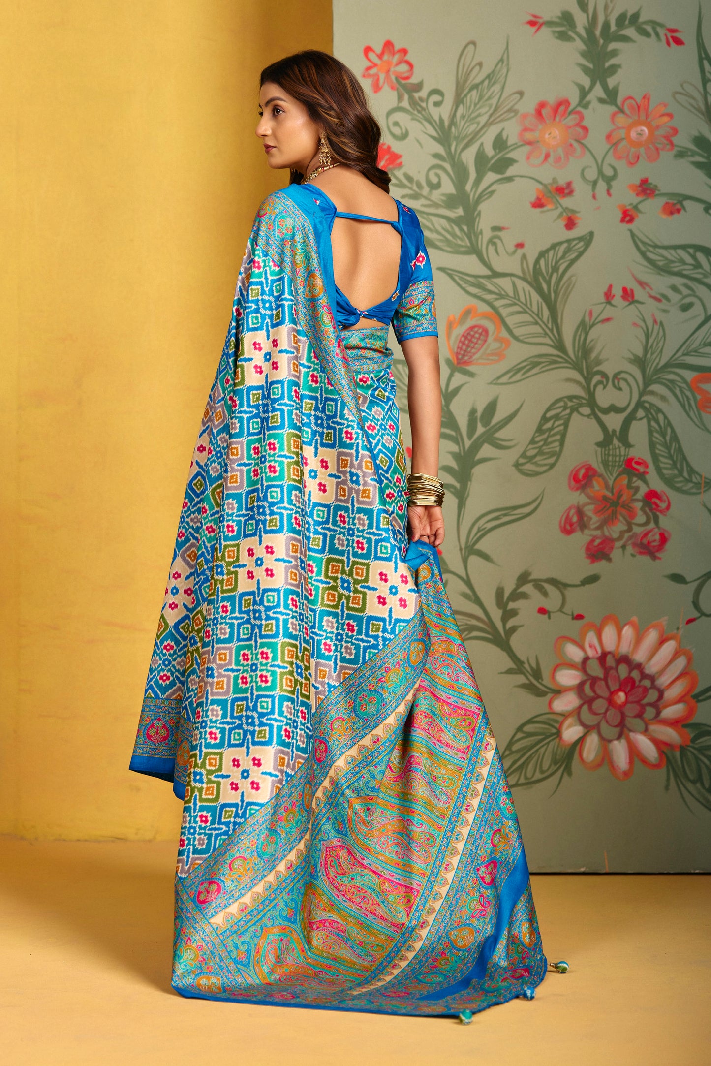 Kumuda - Aqua Blue Mysore Silk Jari Printed Saree with Tassels