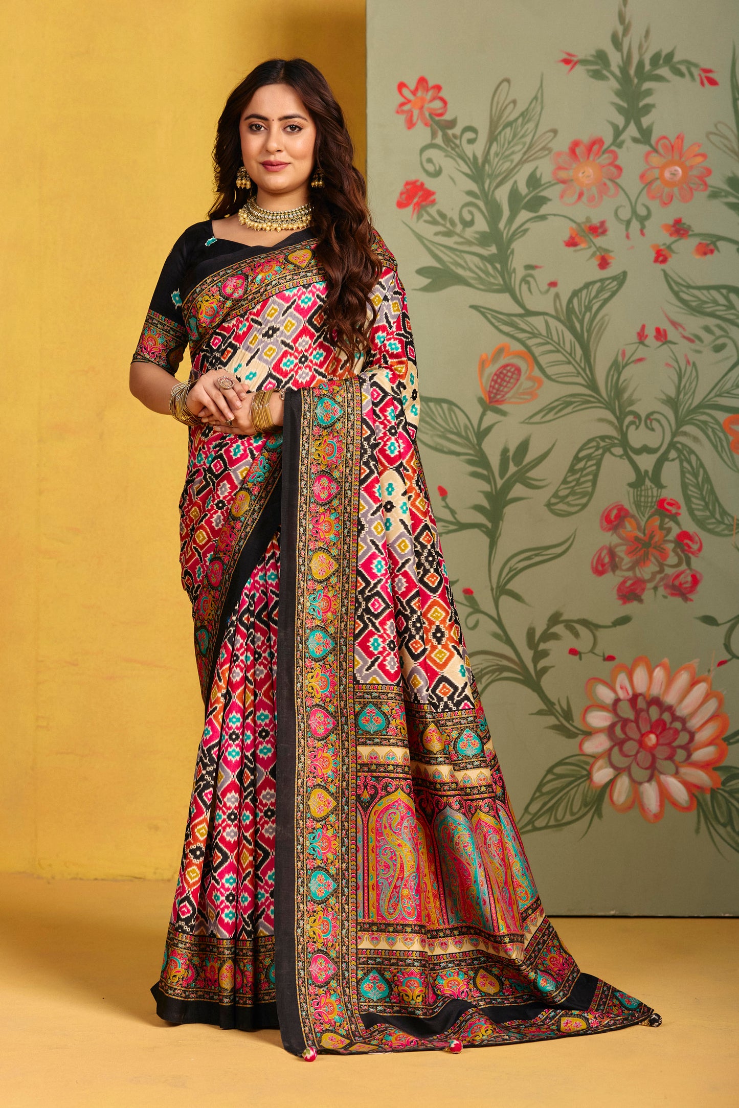 Kumuda - Black Mysore Silk Jari Printed Saree with Tassels