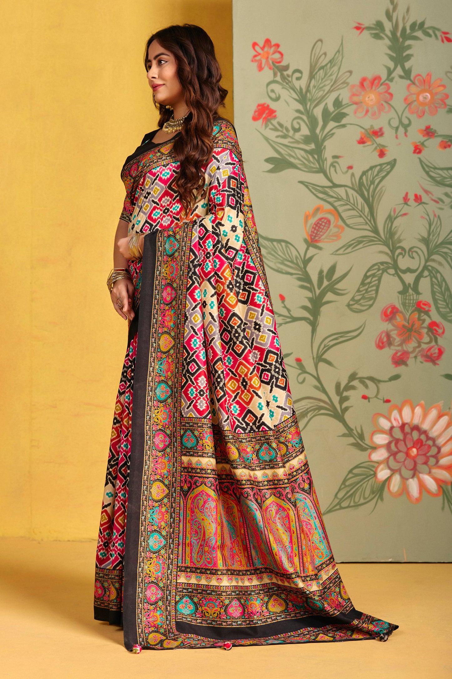 Kumuda - Black Mysore Silk Jari Printed Saree with Tassels