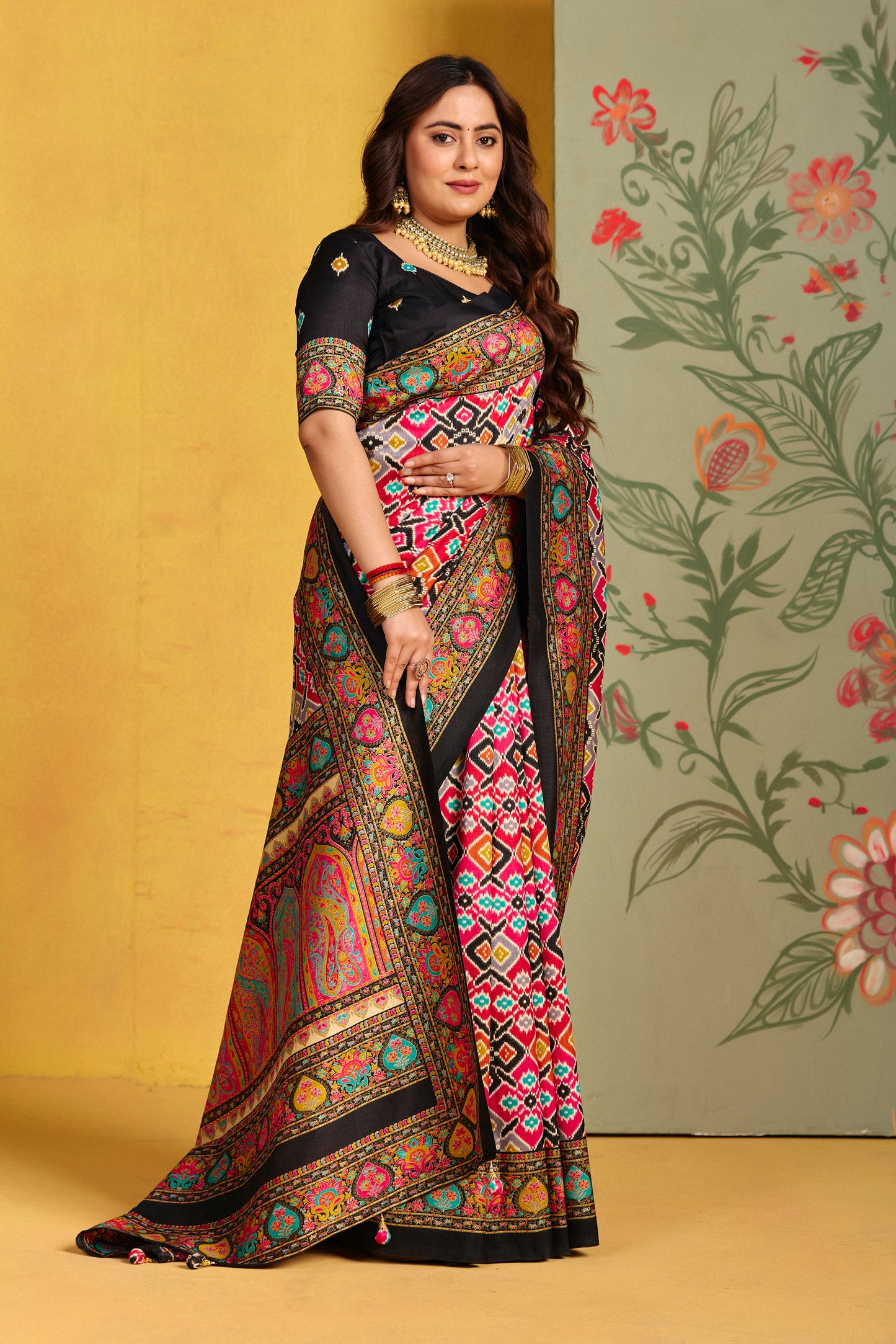 Kumuda - Black Mysore Silk Jari Printed Saree with Tassels