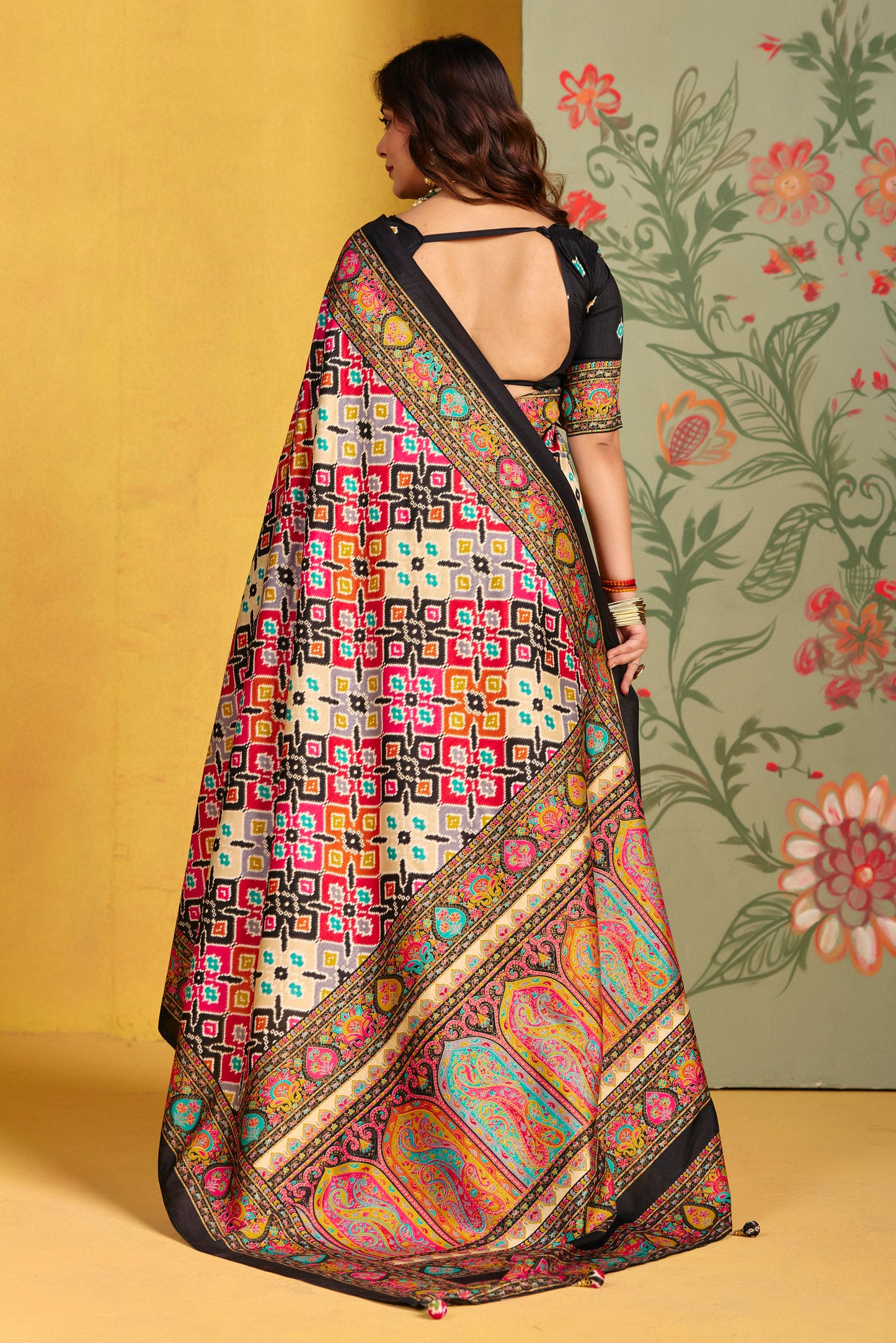 Kumuda - Black Mysore Silk Jari Printed Saree with Tassels