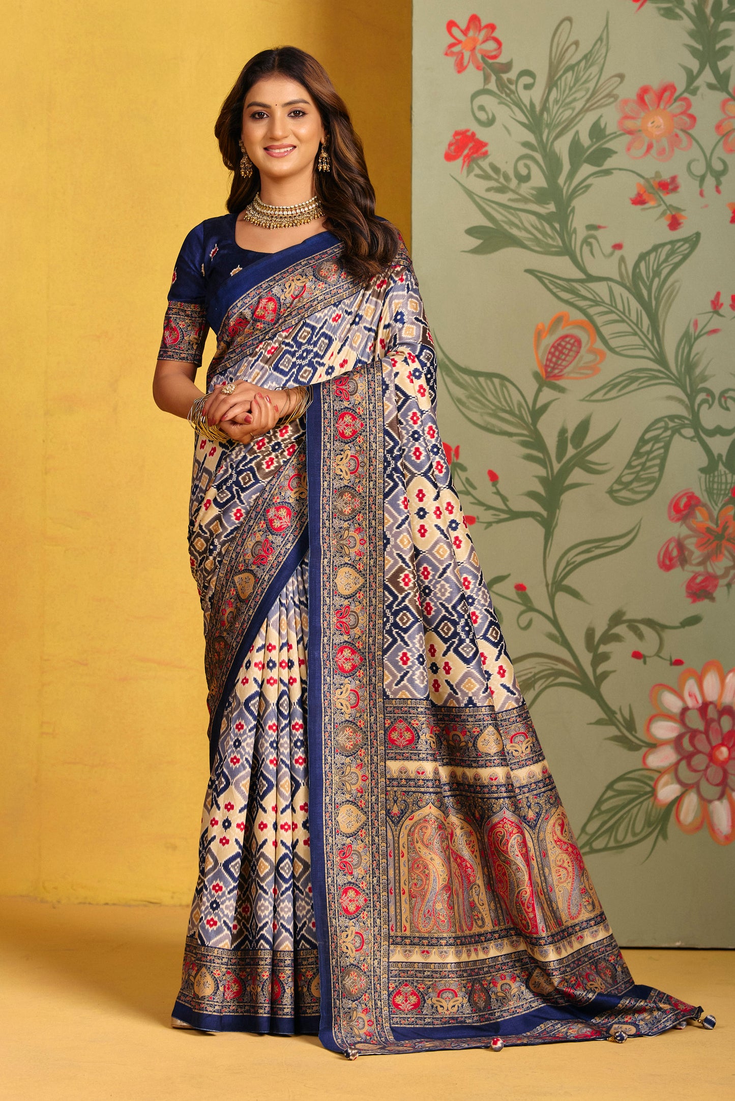 Kumuda - Navy Blue Mysore Silk Jari Printed Saree with Tassels