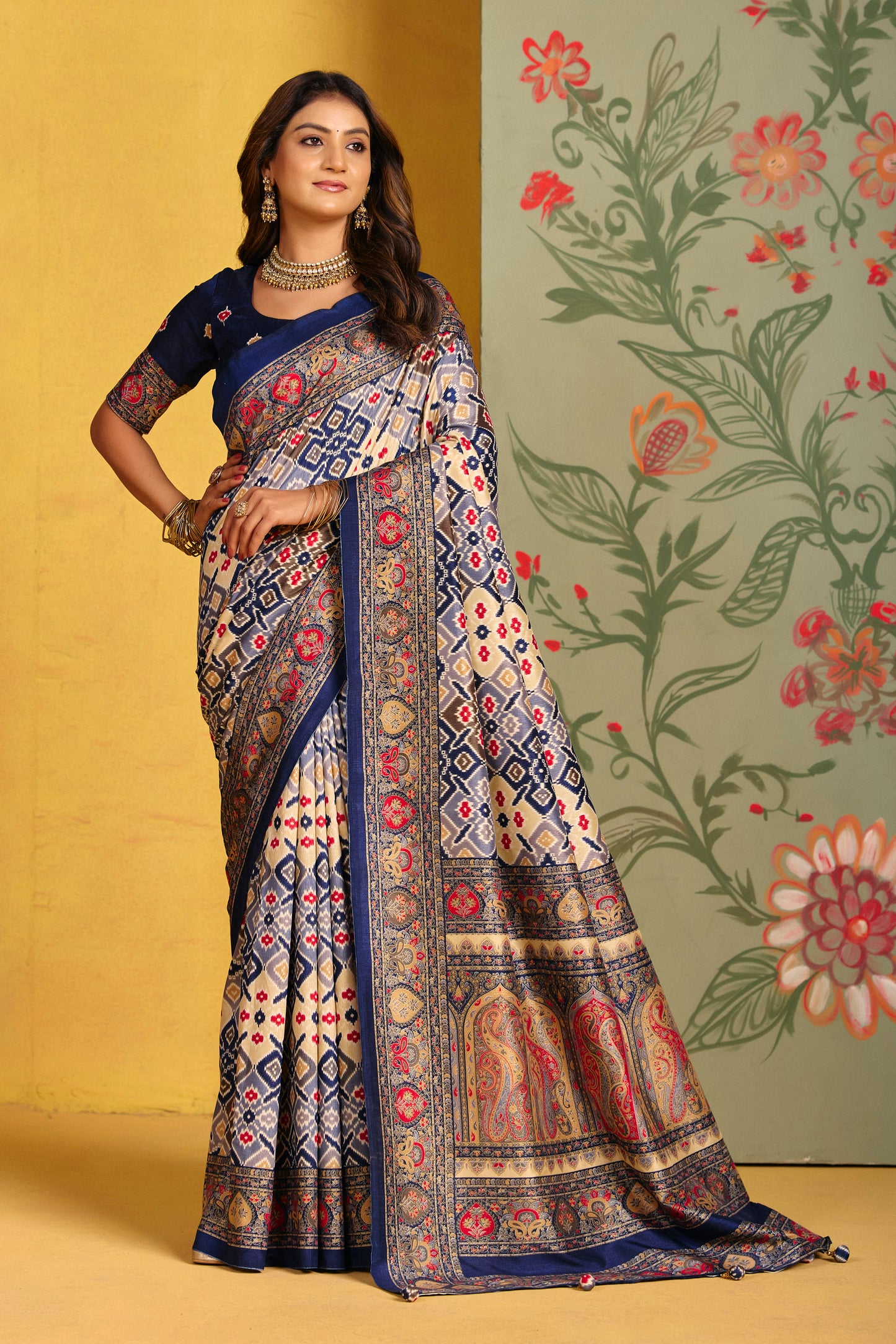 Kumuda - Navy Blue Mysore Silk Jari Printed Saree with Tassels