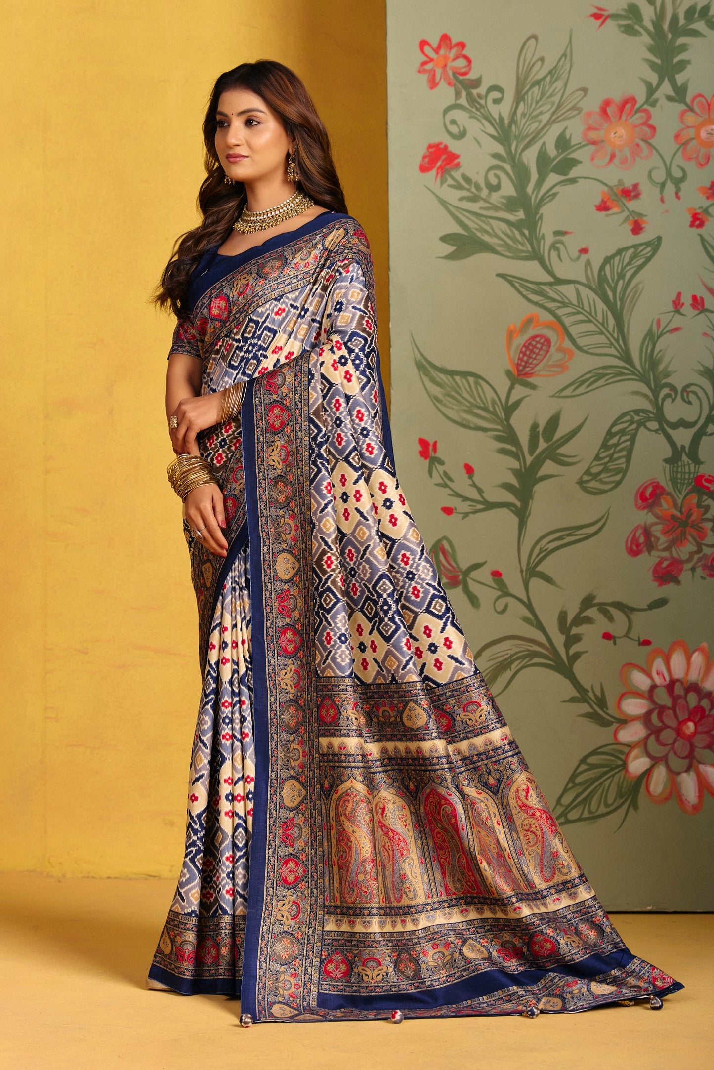 Kumuda - Navy Blue Mysore Silk Jari Printed Saree with Tassels