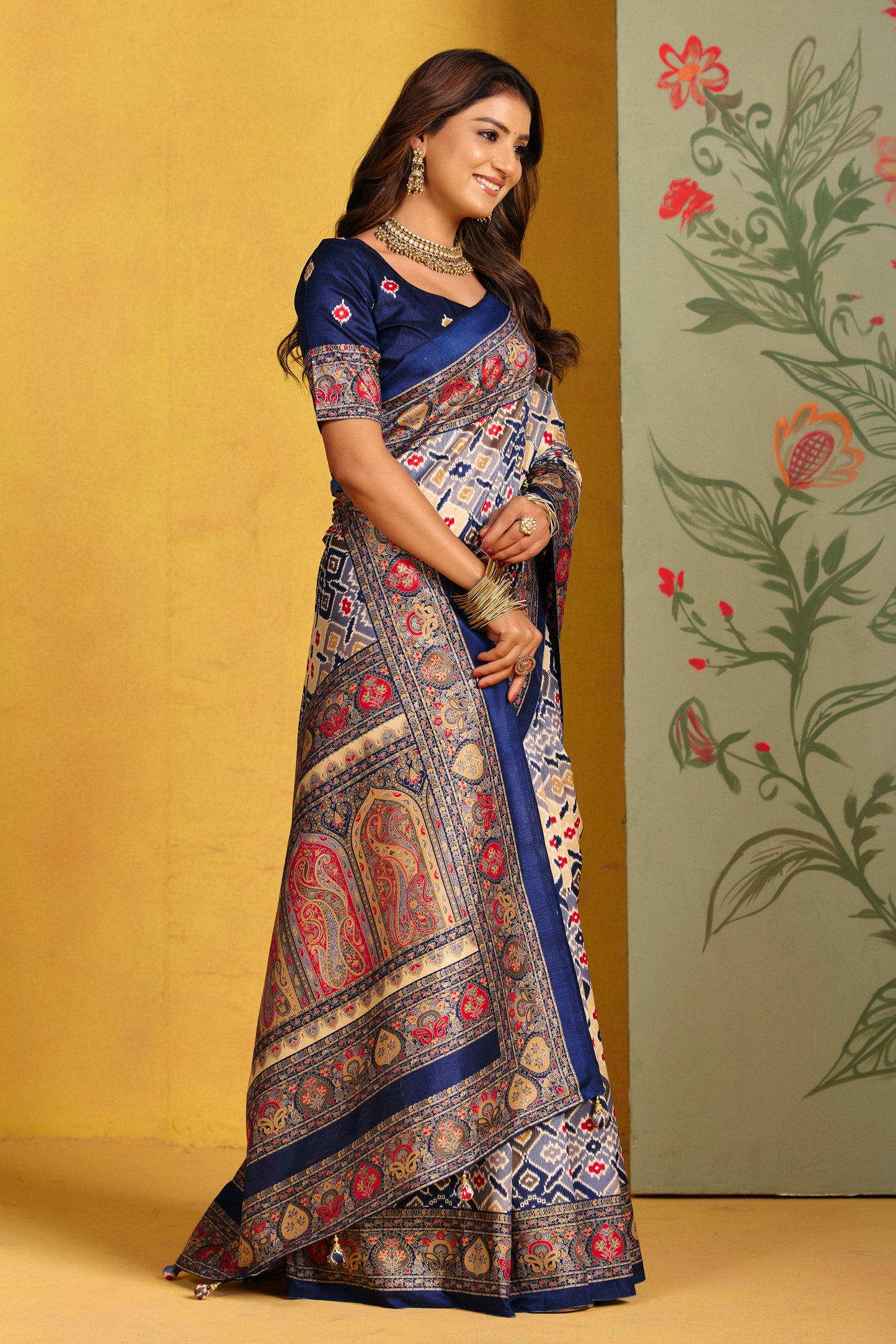 Kumuda - Navy Blue Mysore Silk Jari Printed Saree with Tassels
