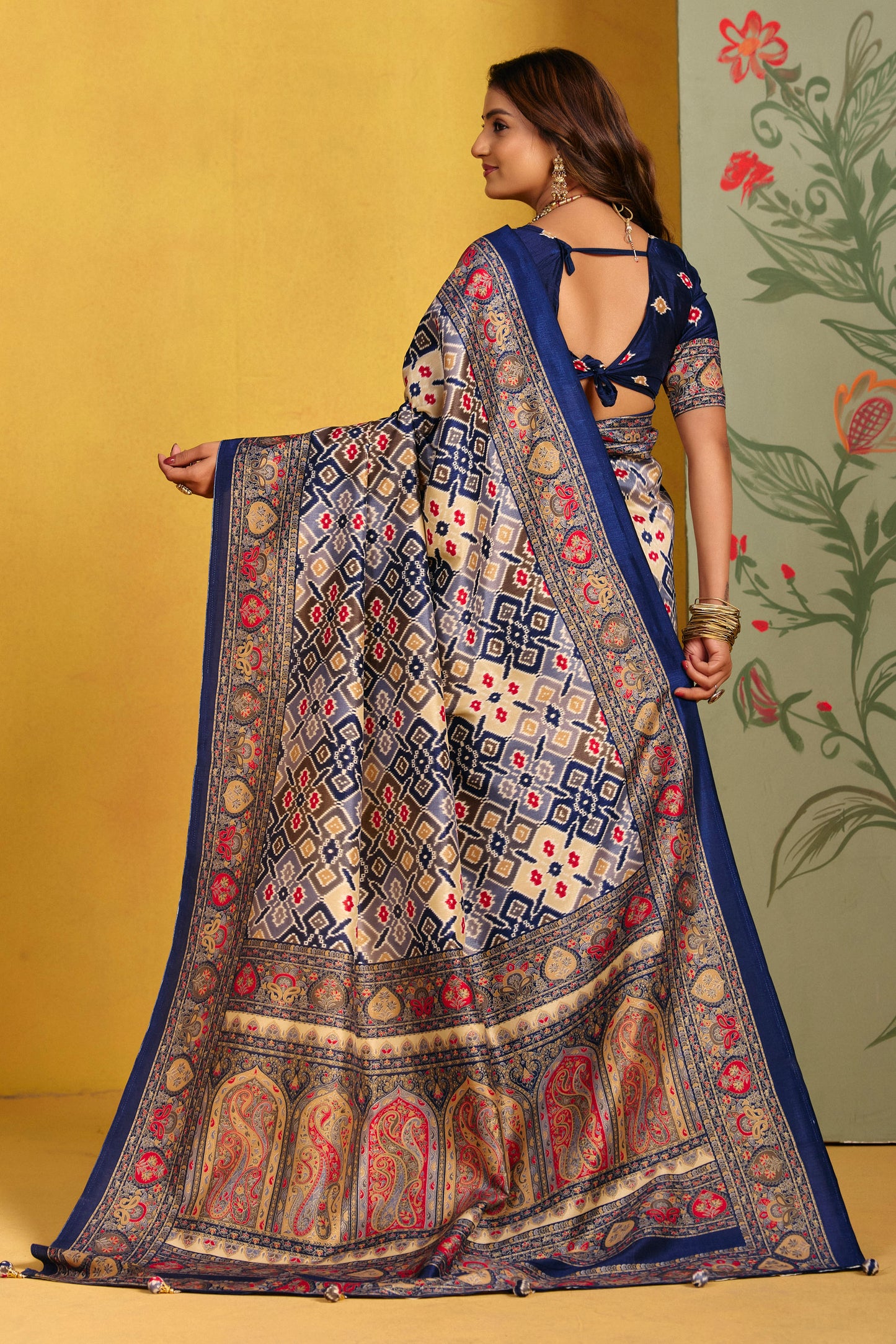 Kumuda - Navy Blue Mysore Silk Jari Printed Saree with Tassels