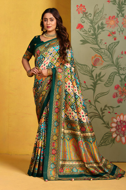 Kumuda - Green Mysore Silk Jari Printed Saree with Tassels