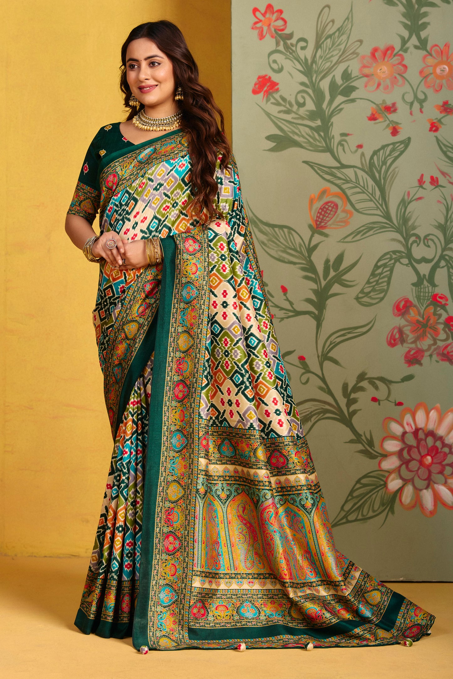 Kumuda - Green Mysore Silk Jari Printed Saree with Tassels