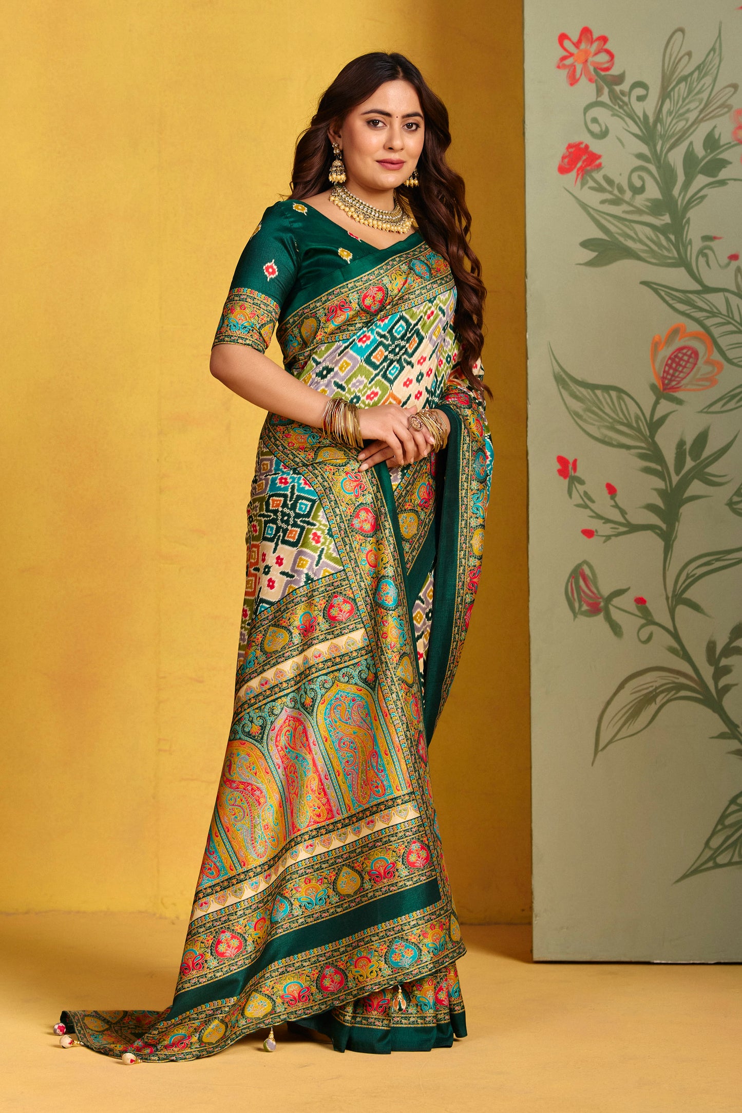 Kumuda - Green Mysore Silk Jari Printed Saree with Tassels