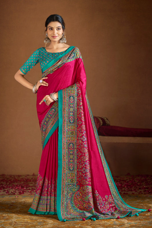 Kumuda - Pink Mysore Silk Jari Printed Saree with Tassels