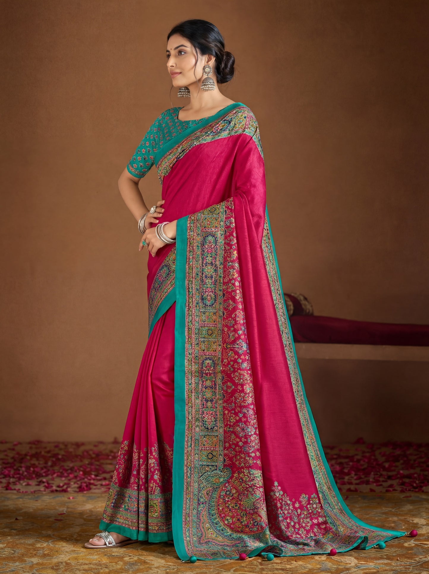 Kumuda - Pink Mysore Silk Jari Printed Saree with Tassels