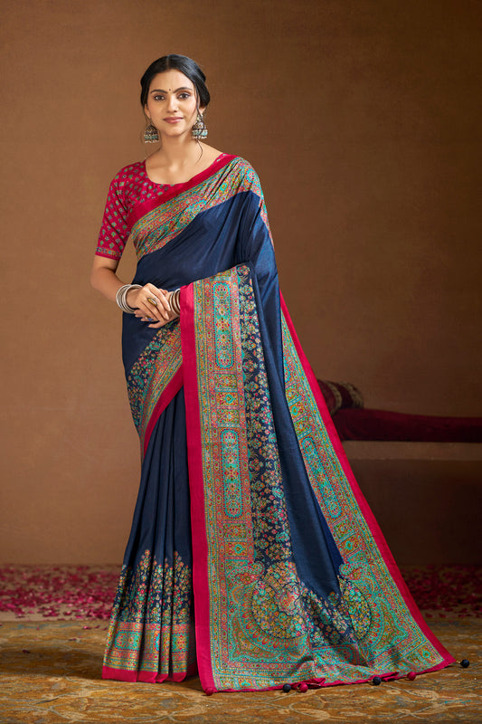 Kumuda - Blue Mysore Silk Jari Printed Saree with Tassels
