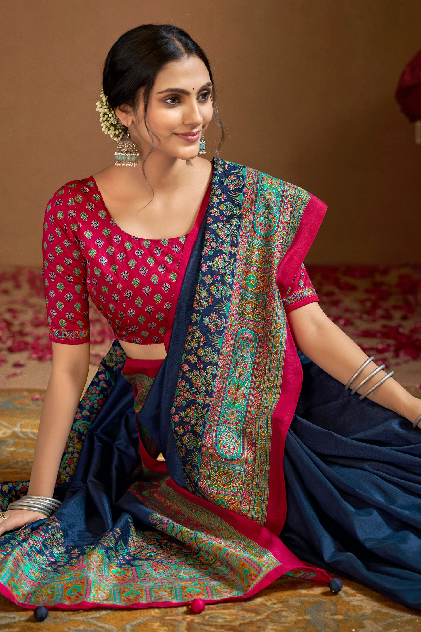 Kumuda - Blue Mysore Silk Jari Printed Saree with Tassels