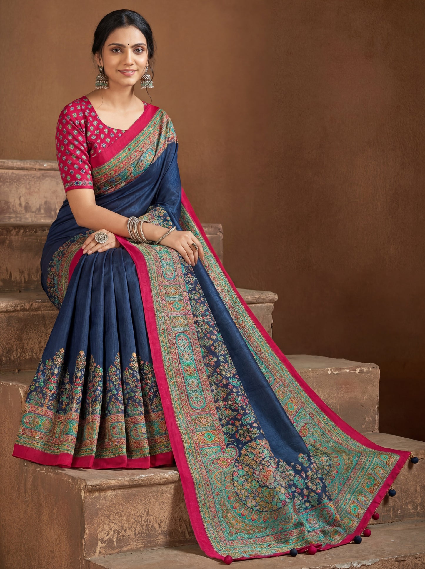 Kumuda - Blue Mysore Silk Jari Printed Saree with Tassels