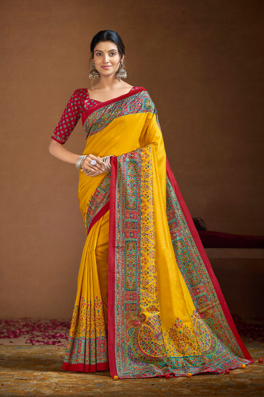 Kumuda - Yellow Mysore Silk Jari Printed Saree with Tassels