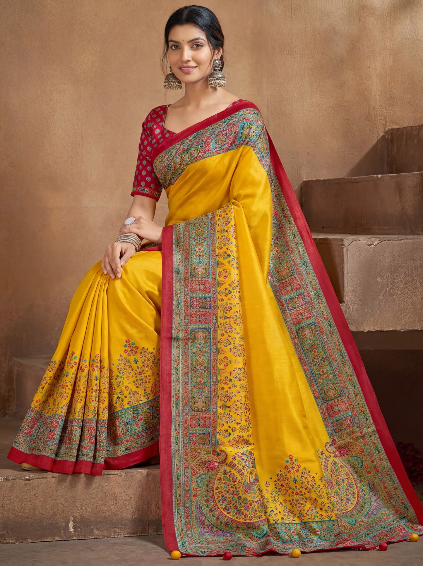 Kumuda - Yellow Mysore Silk Jari Printed Saree with Tassels