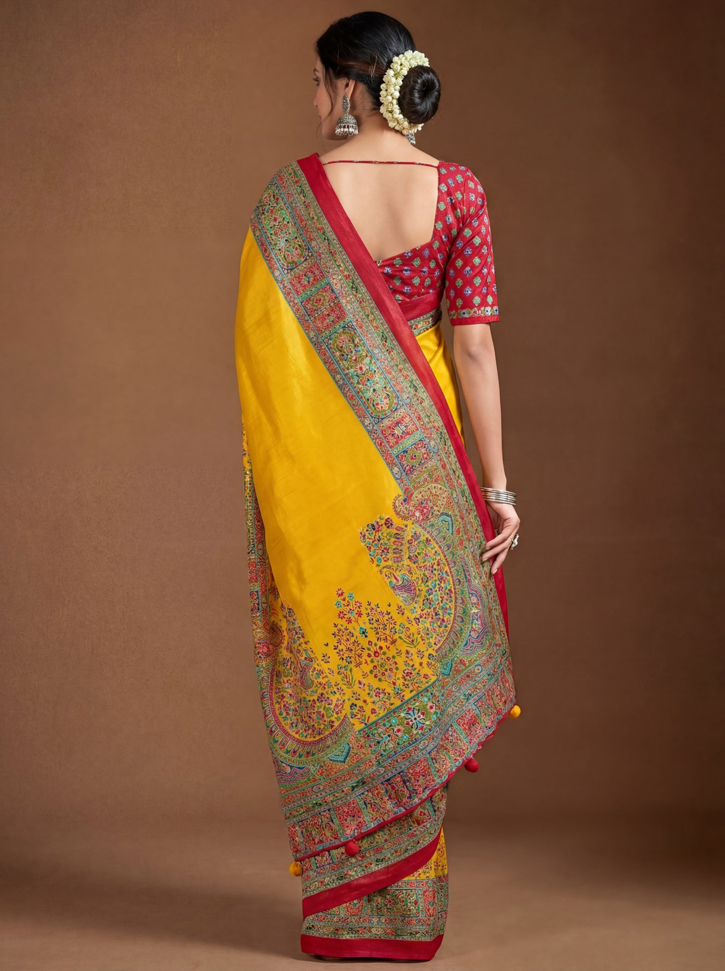 Kumuda - Yellow Mysore Silk Jari Printed Saree with Tassels