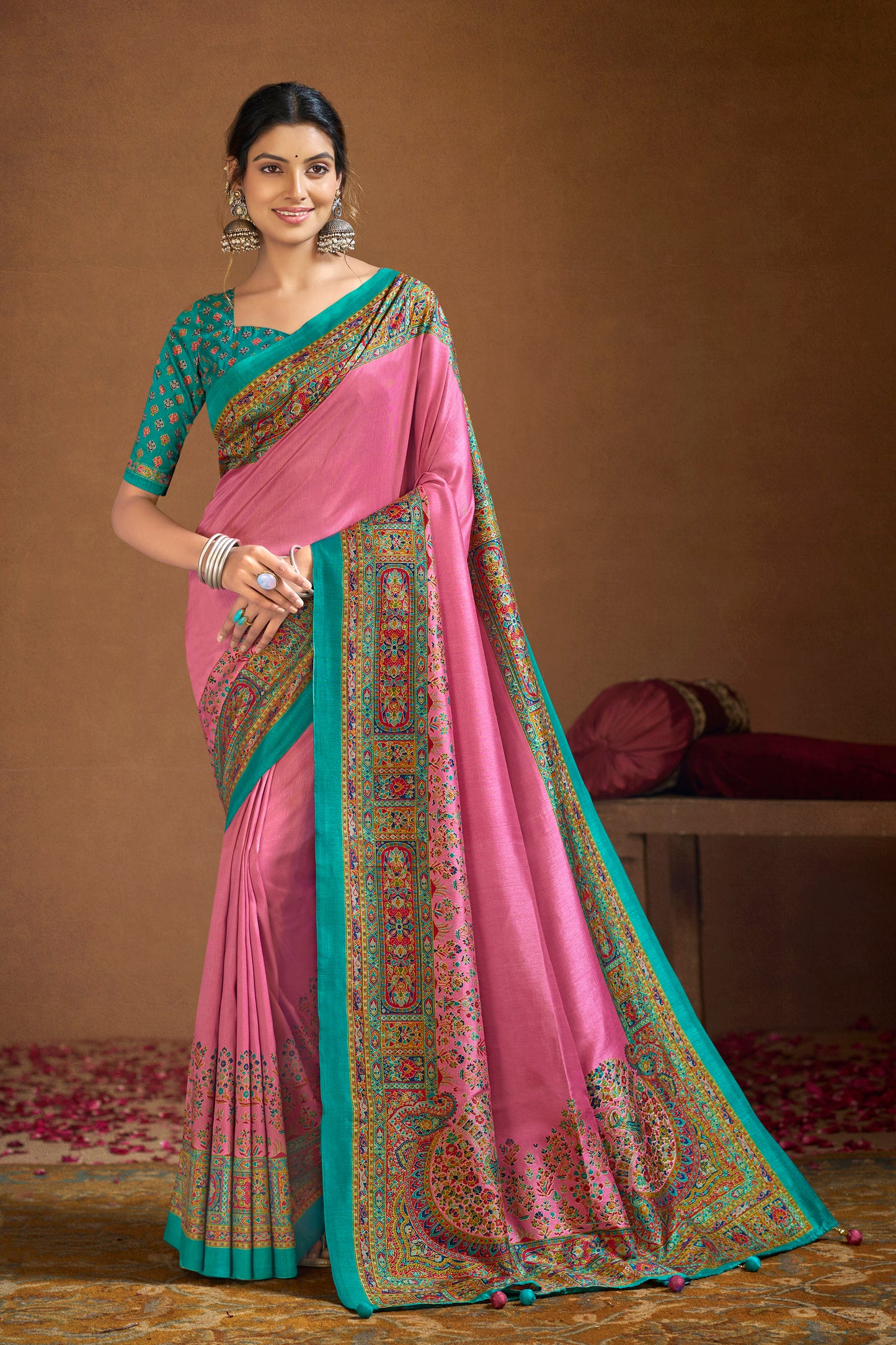 Kumuda - Violet Mysore Silk Jari Printed Saree with Tassels
