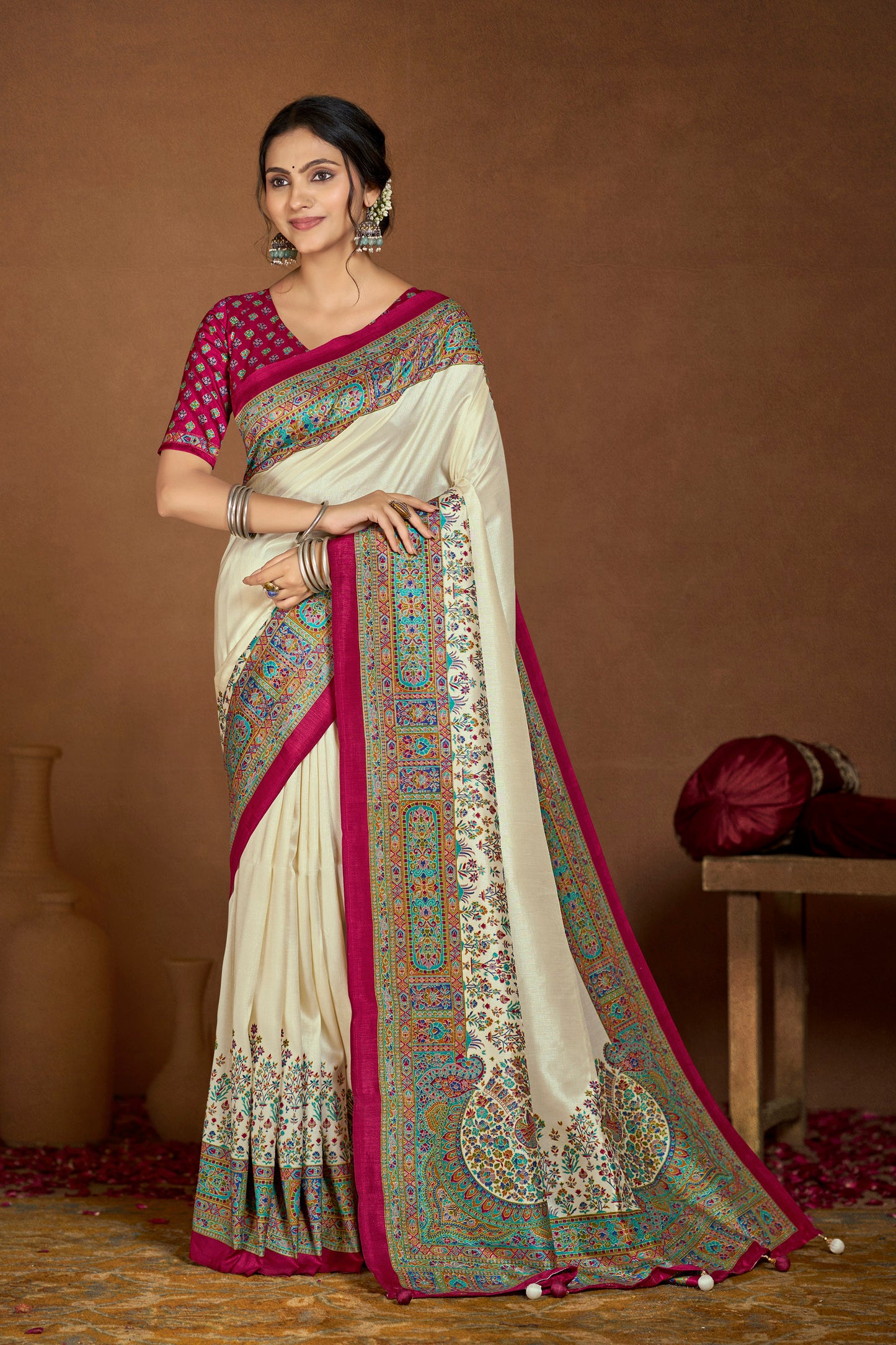 Kumuda - Cream Mysore Silk Jari Printed Saree with Tassels
