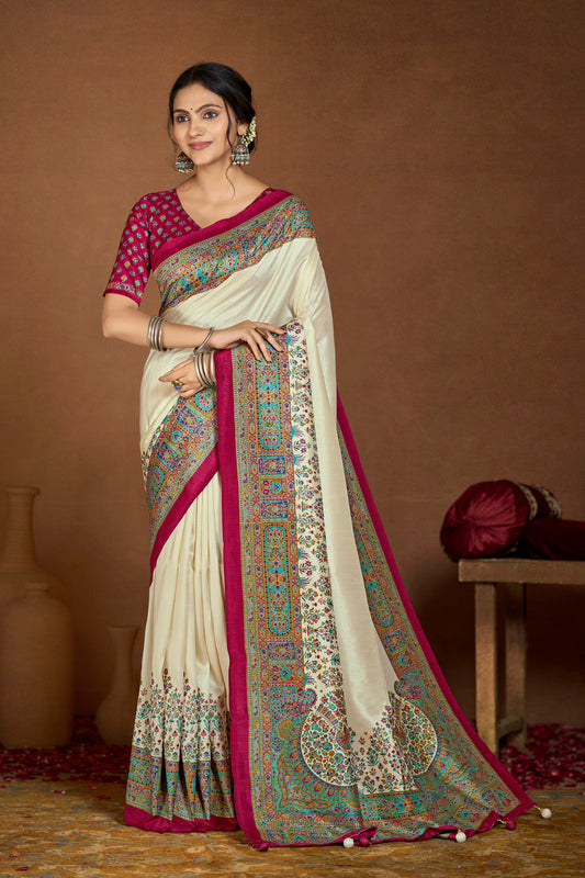 Kumuda - Cream Mysore Silk Jari Printed Saree with Tassels