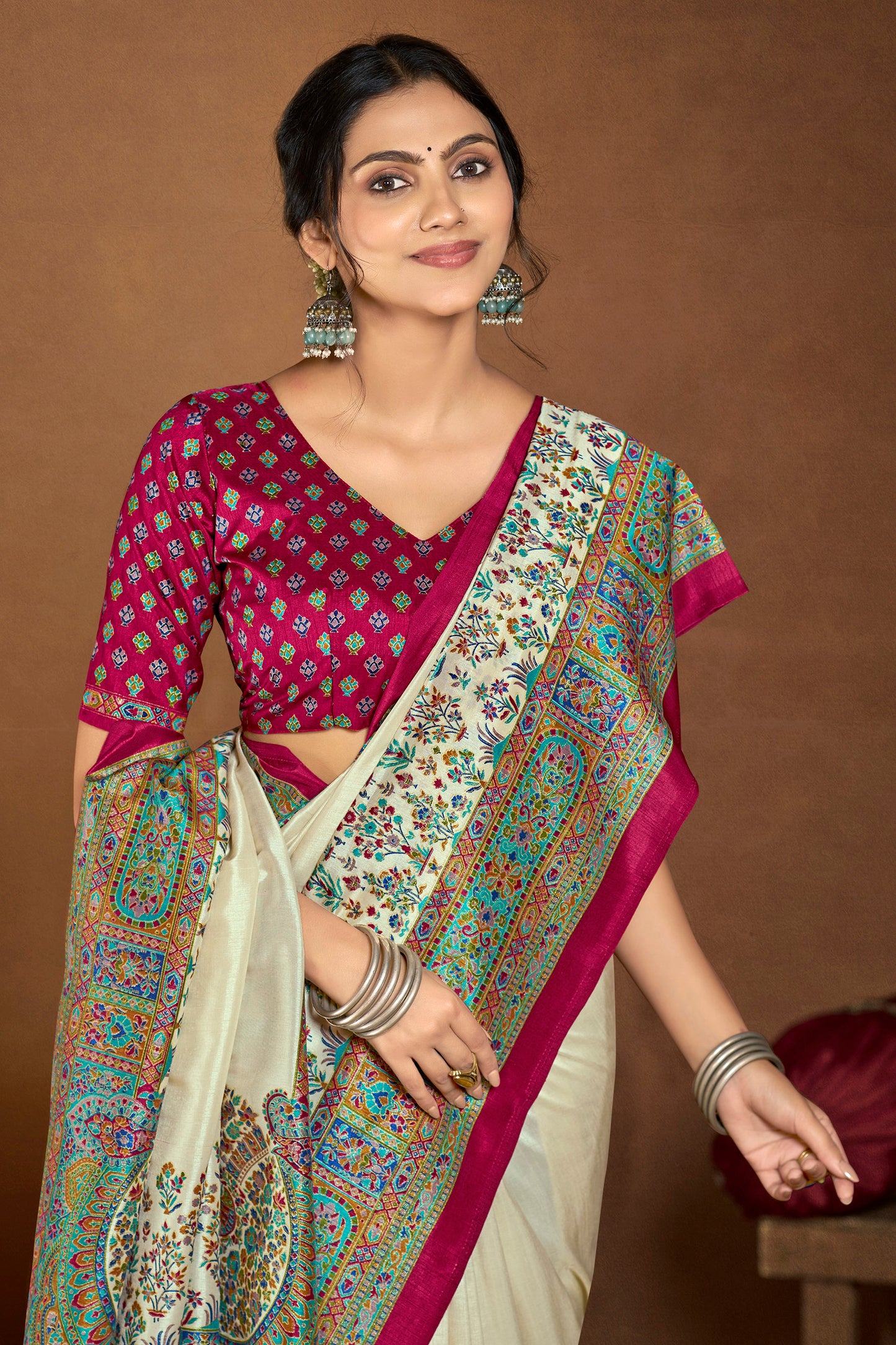 Kumuda - Cream Mysore Silk Jari Printed Saree with Tassels
