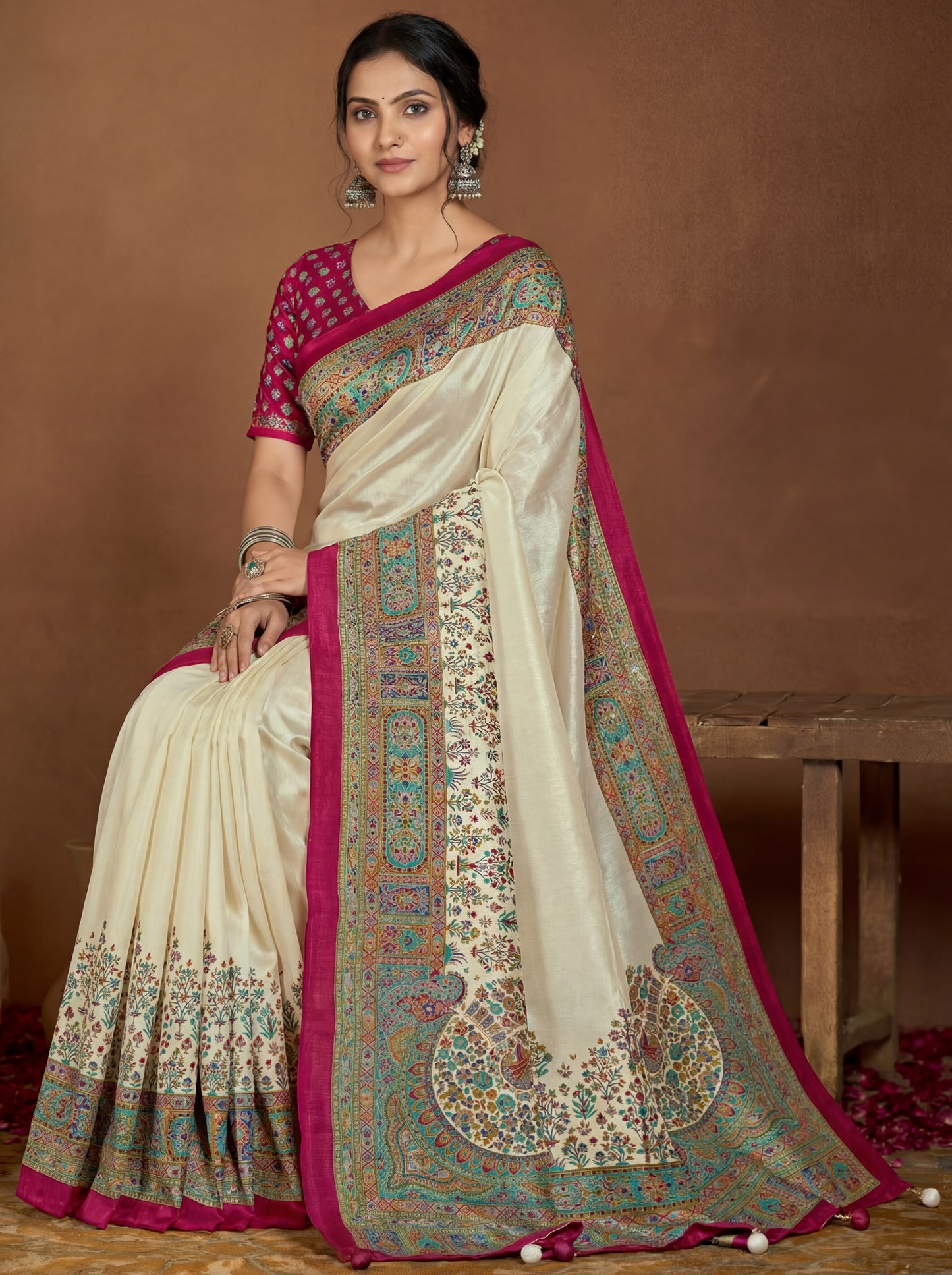 Kumuda - Cream Mysore Silk Jari Printed Saree with Tassels