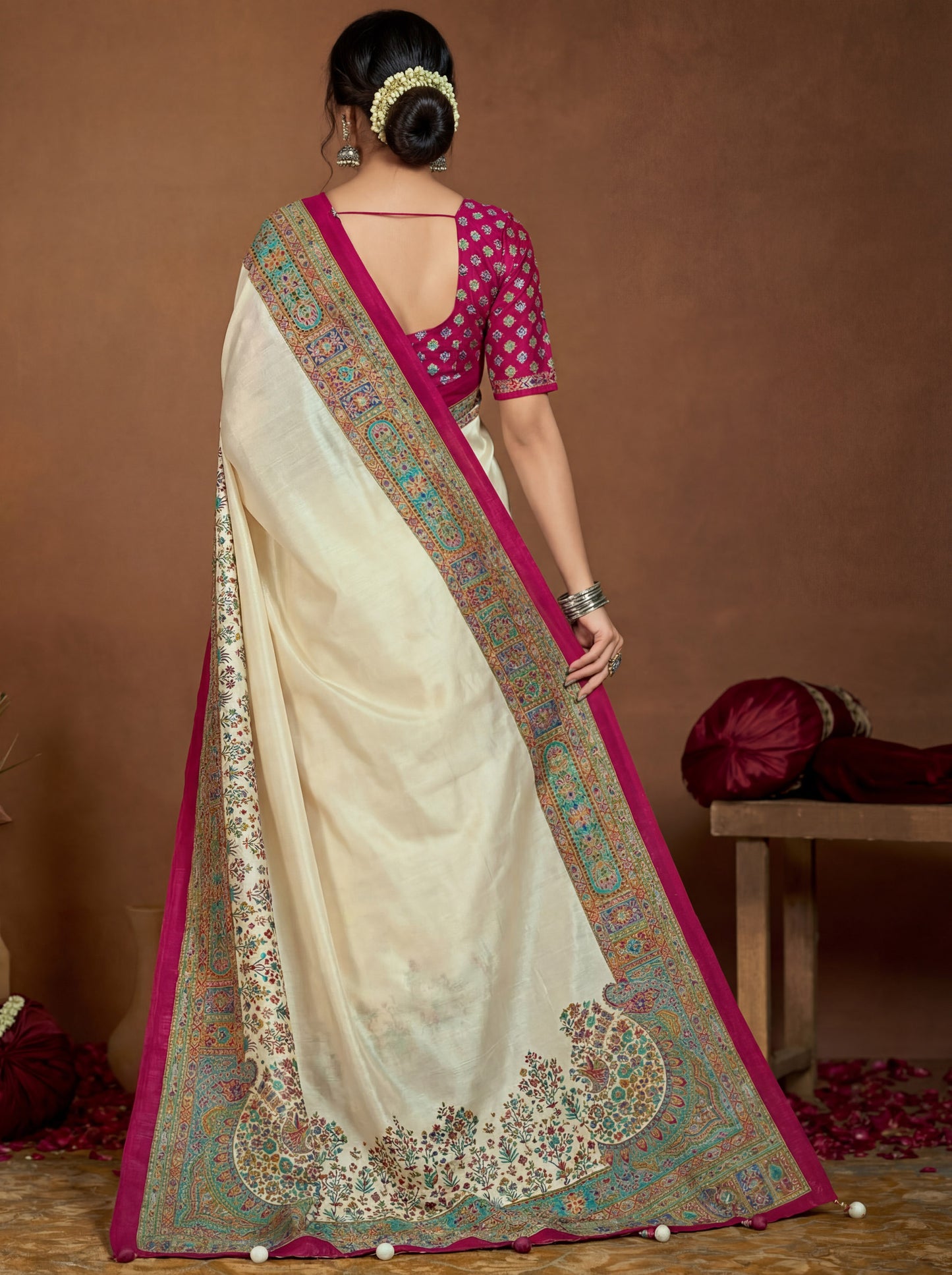 Kumuda - Cream Mysore Silk Jari Printed Saree with Tassels